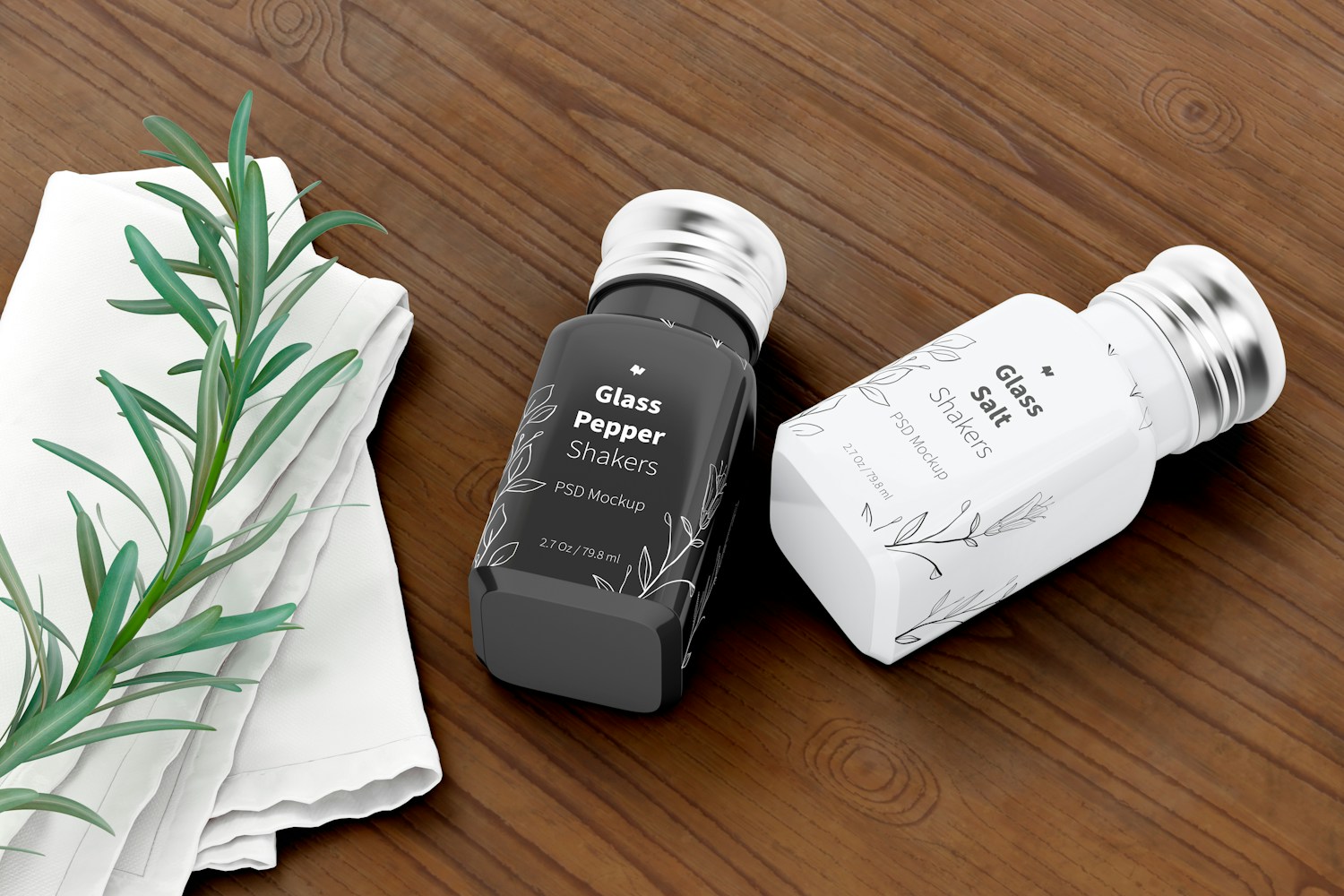Glass Salt and Pepper Shakers Mockup, Perspective