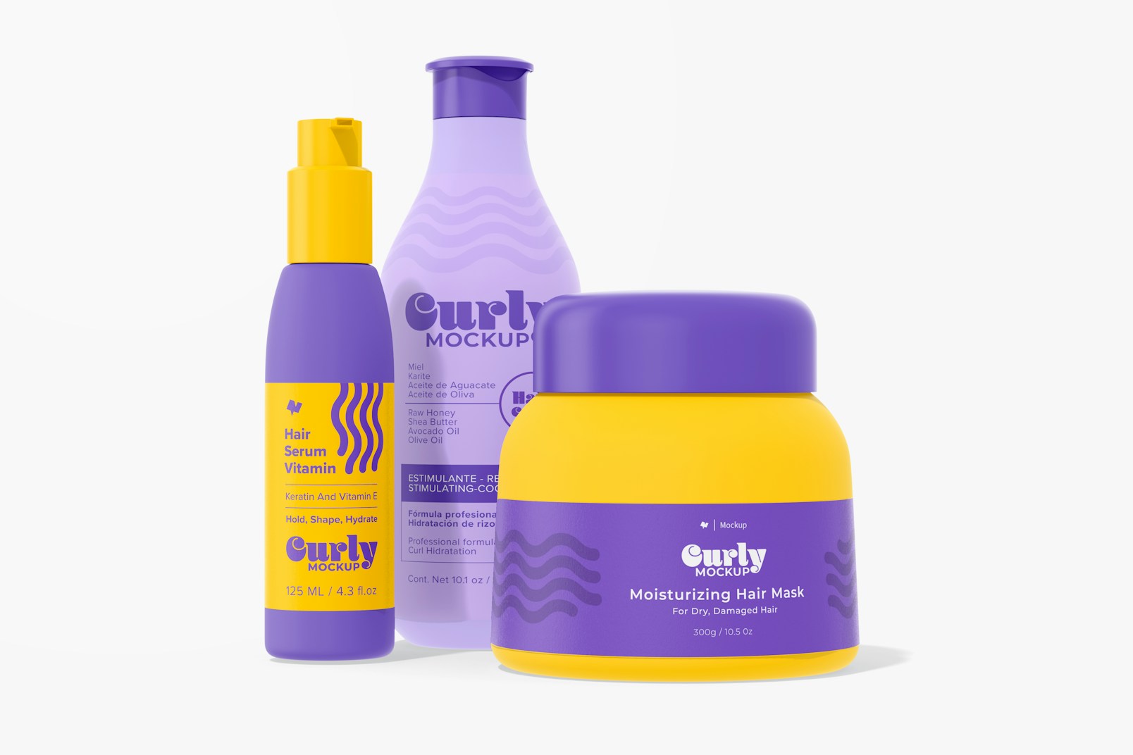 Curly Hair Product Bottles Mockup, Front View