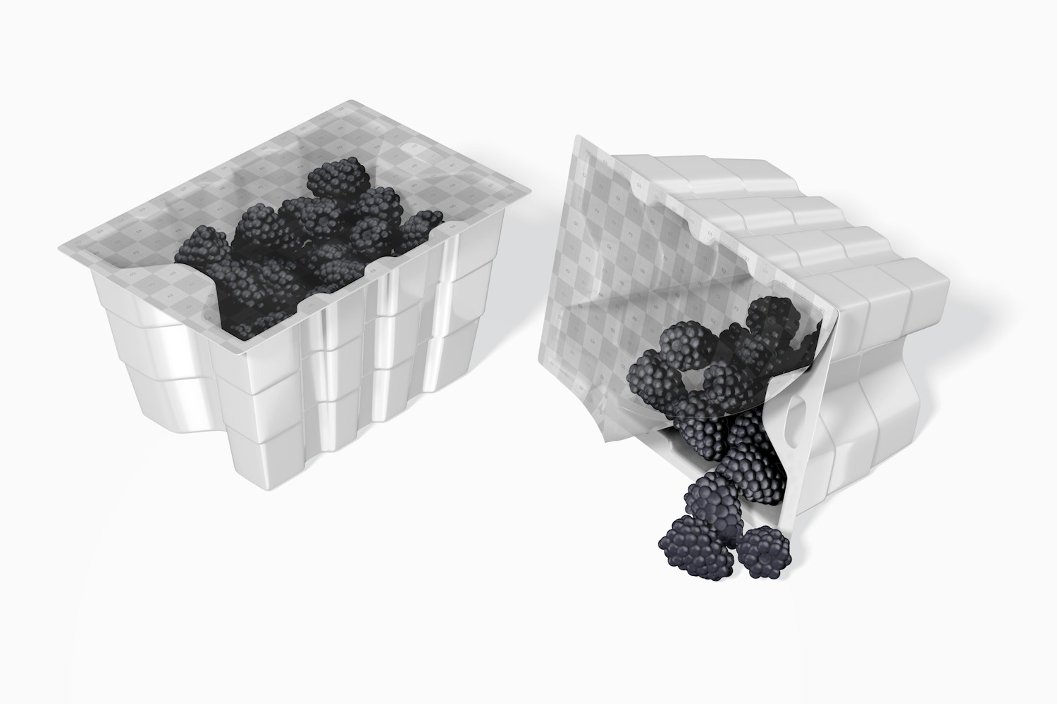 Plastic Fruit Boxes Mockup, Standing and Dropped