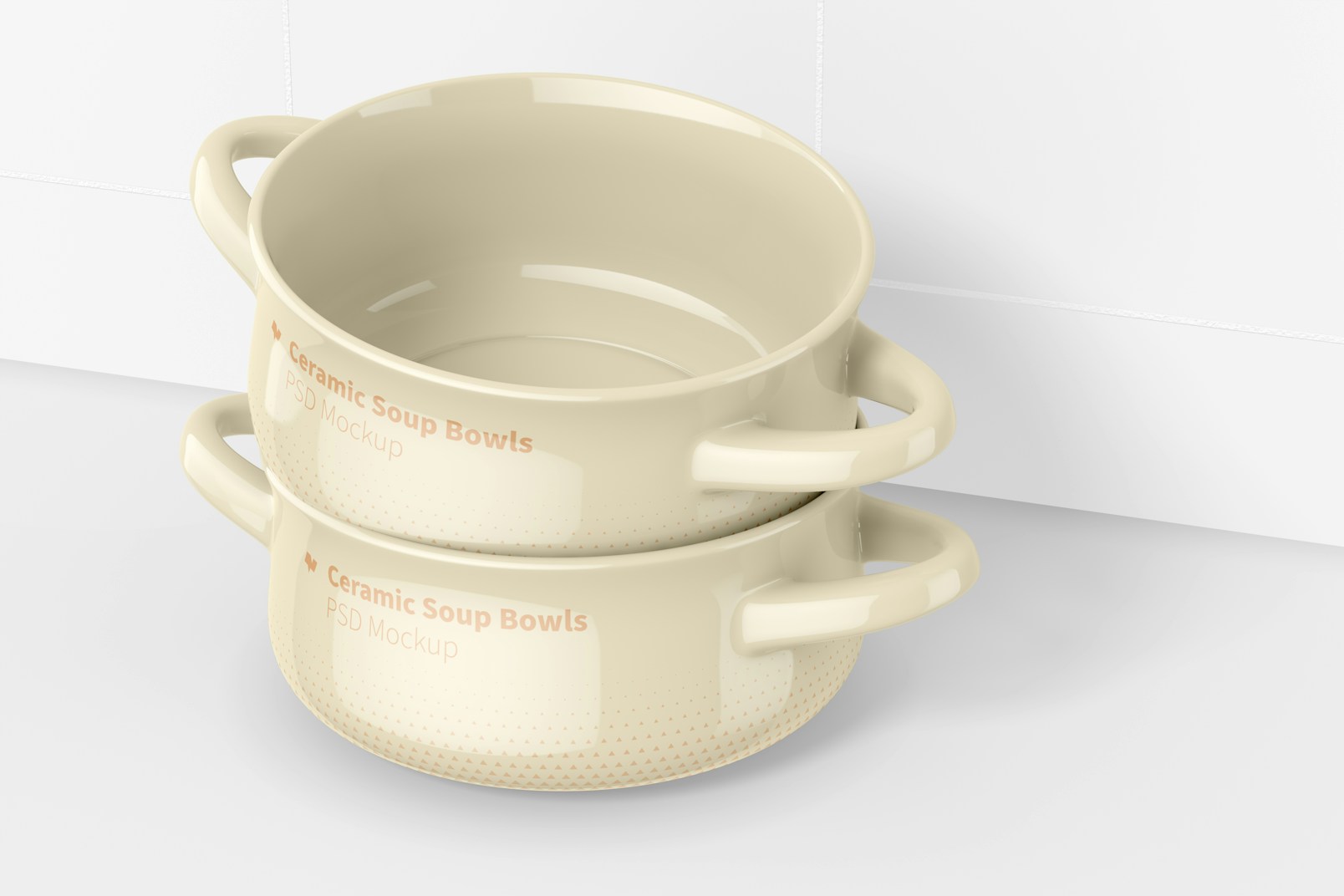 Ceramic Soup Bowls with Handles Mockup, Stacked