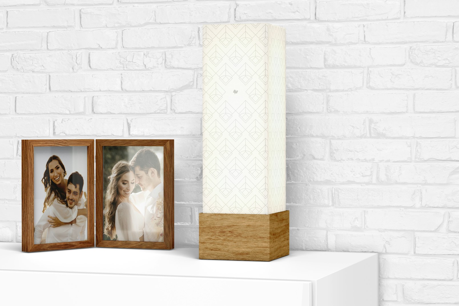Square Wood Table Lamp with Photo Frame Mockup