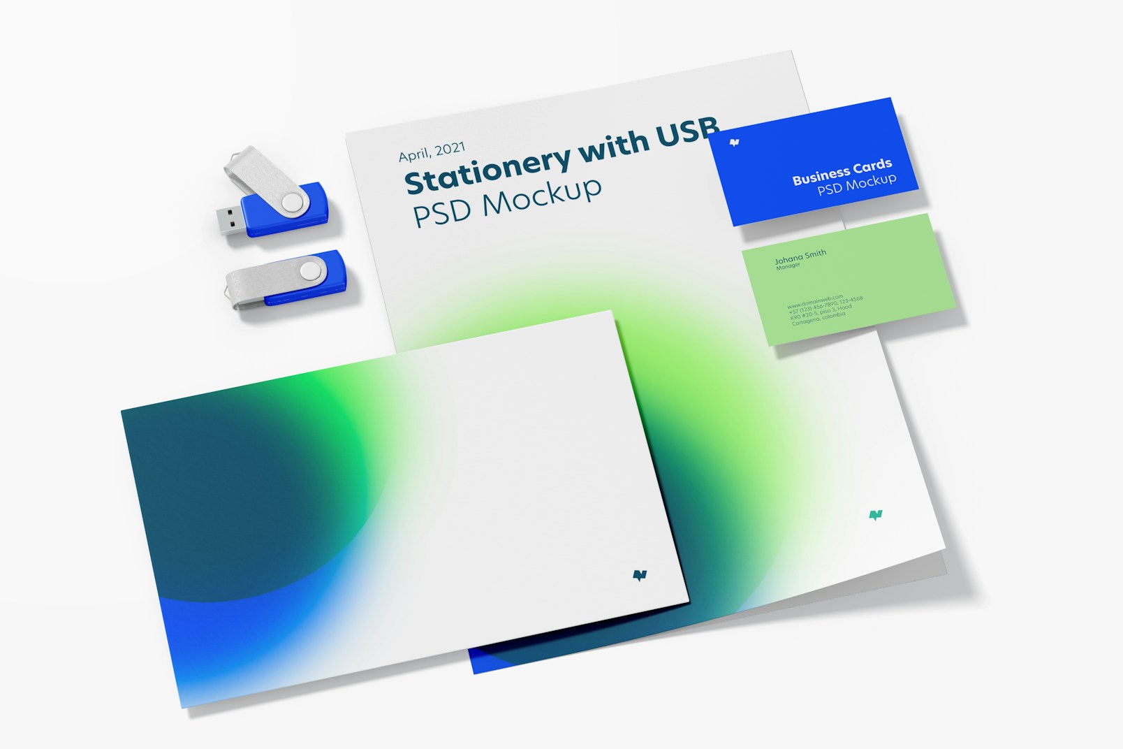 Stationery with USB Flash Drives Mockup, Perspective