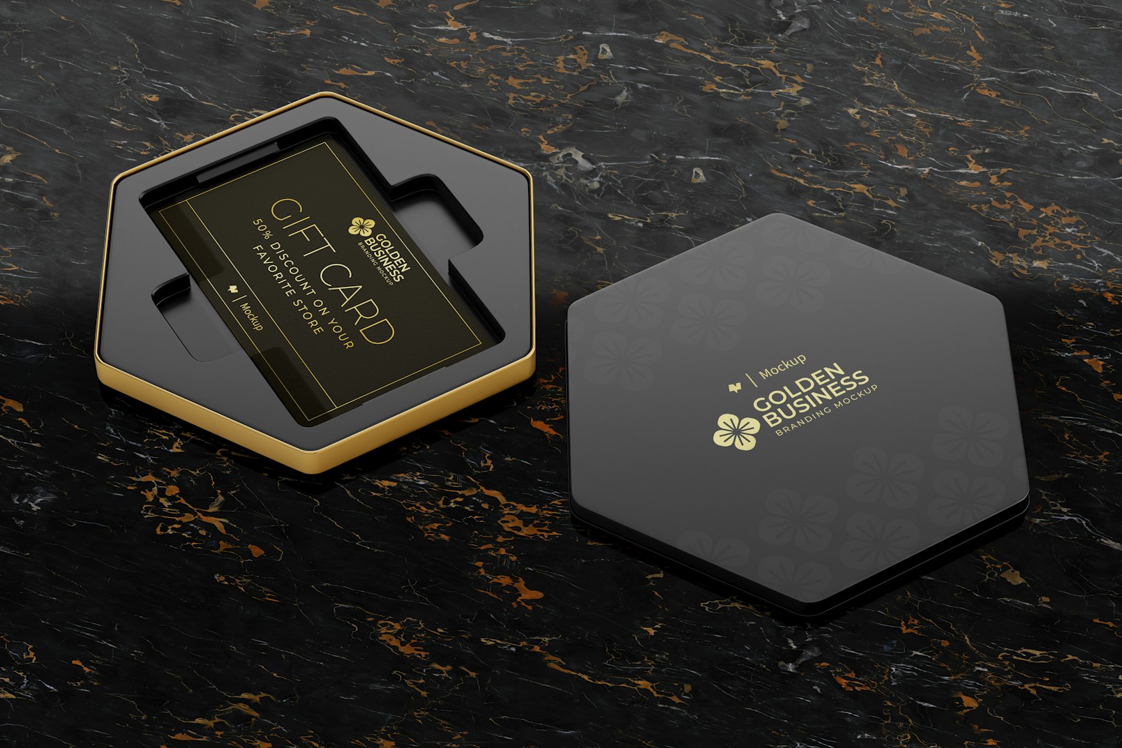 Gift Card with Golden Box Mockup, Opened