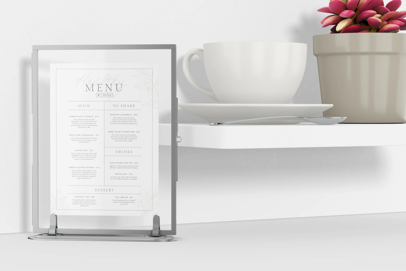 Tabletop Menu Holder with Coffee Cup PSD Mockup – Original Mockups