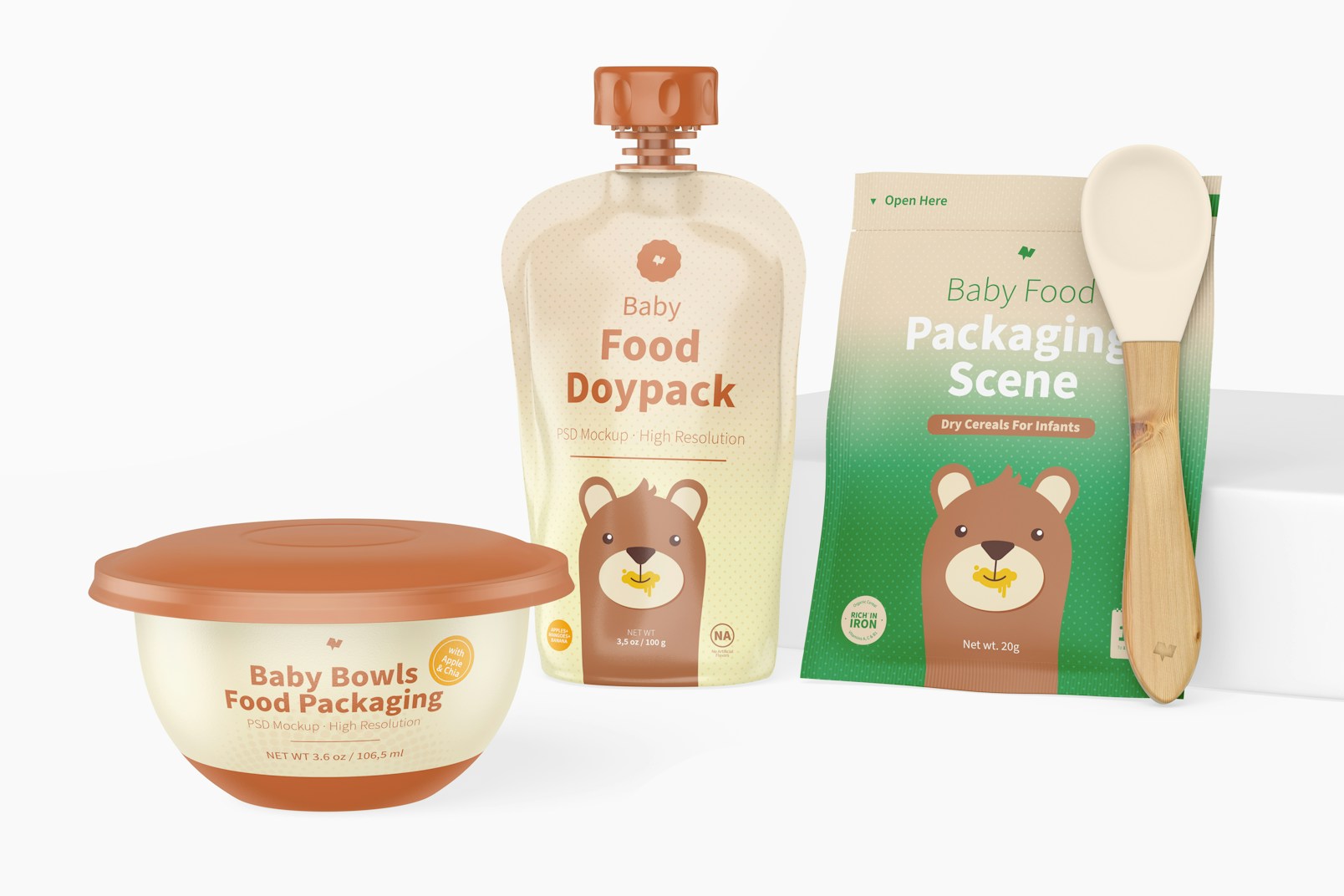 Baby Food Packaging Scene Mockup, Front View