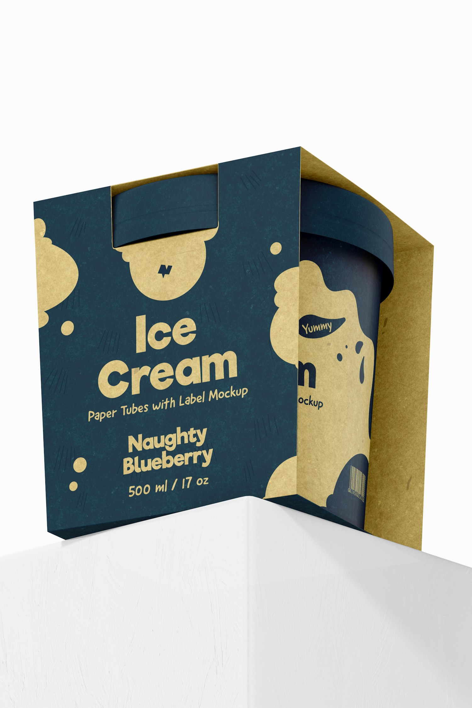 500 ml Ice Cream Paper Tub with Label Mockup, on Podium