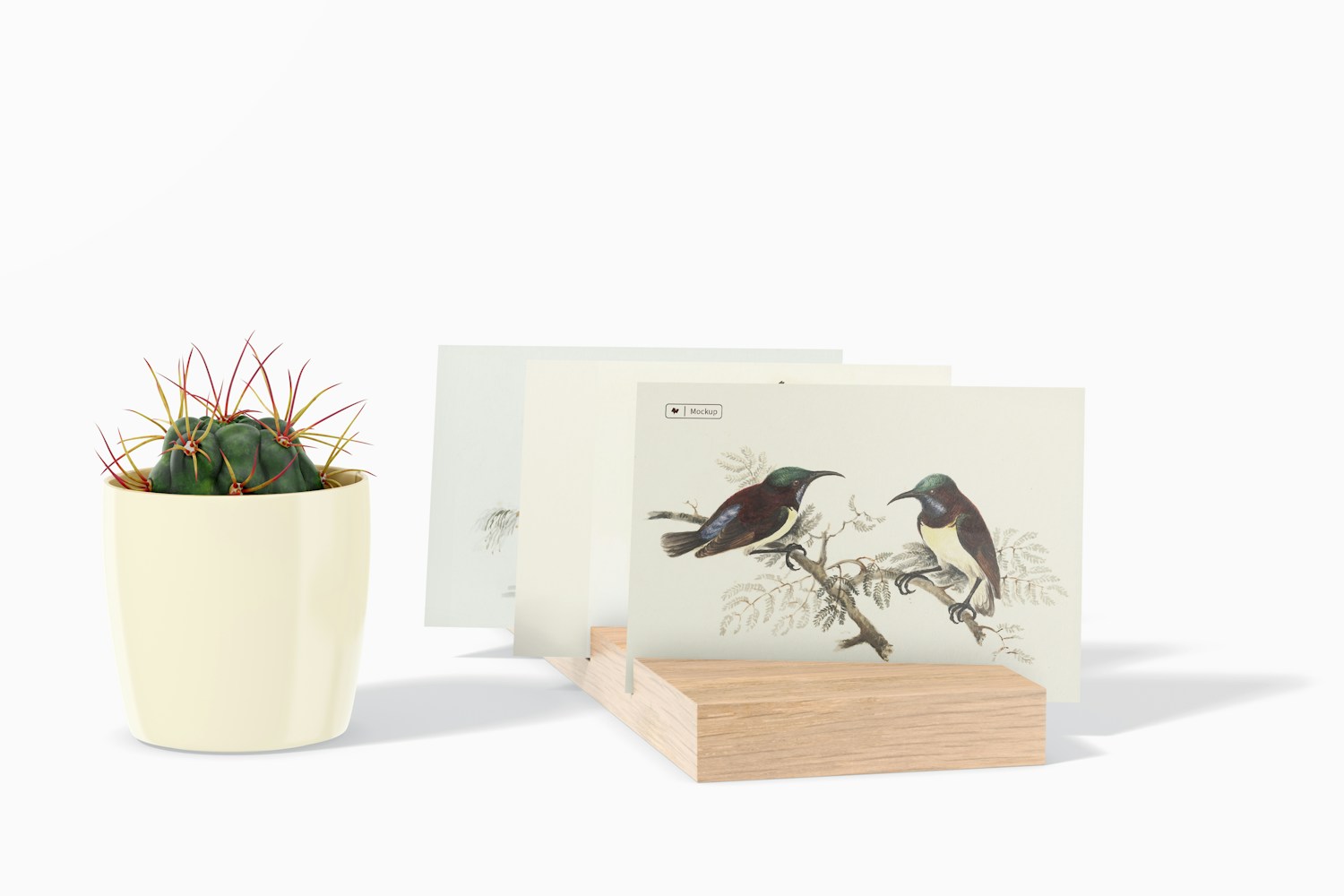 A5 Postcard on Wood Stand with Plant Mockup