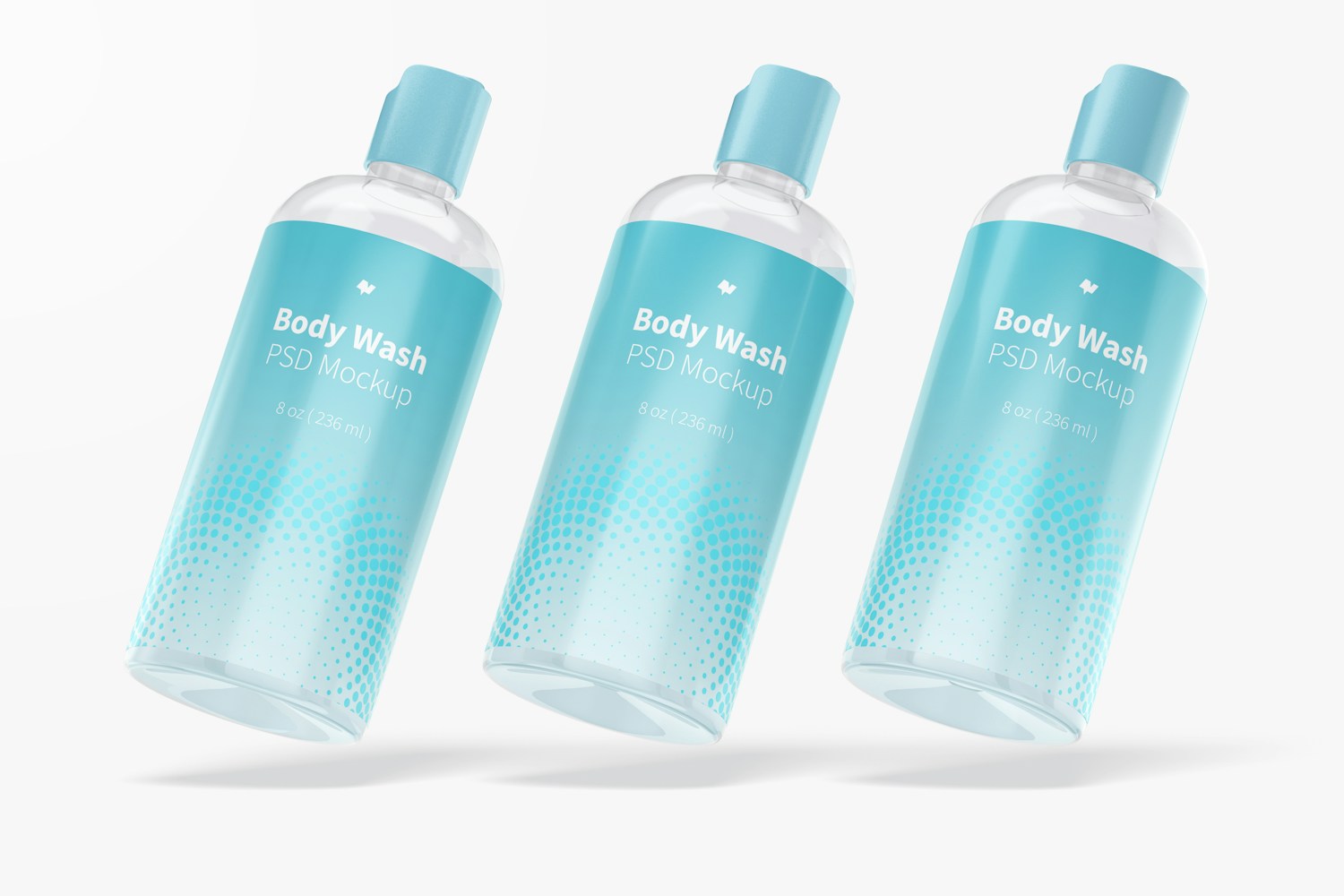 Plastic Body Wash Bottles Mockup, Leaned Plastic Body Wash Bottles Mockup, Leaned