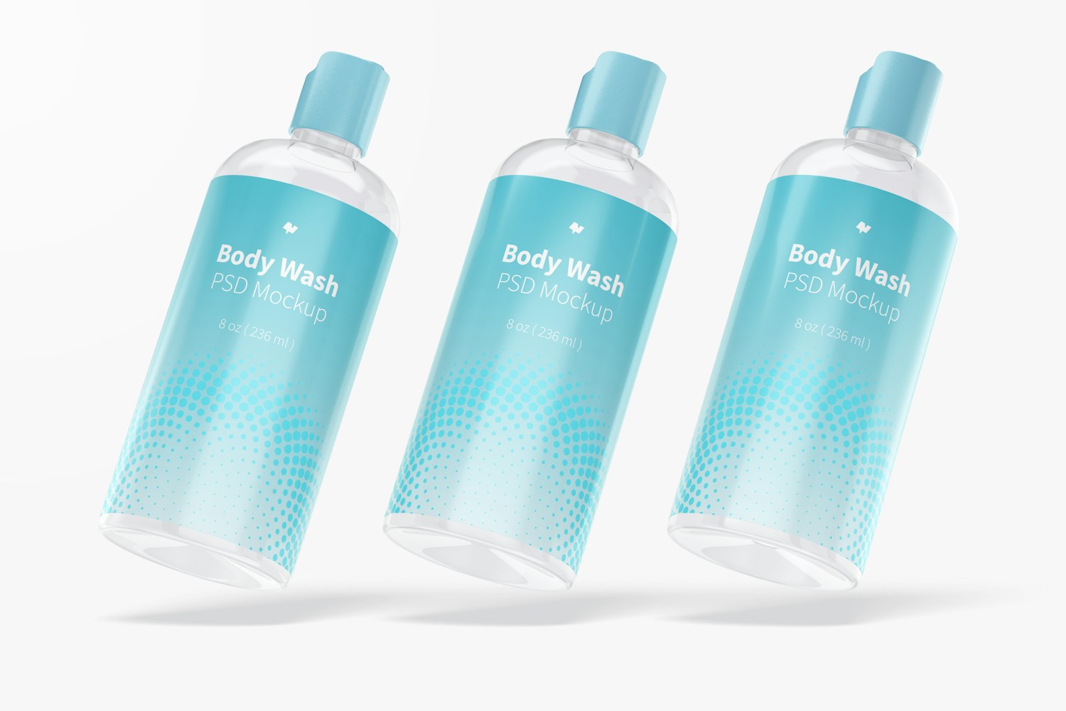Plastic Body Wash Bottles Mockup, Leaned Plastic Body Wash Bottles Mockup, Leaned
