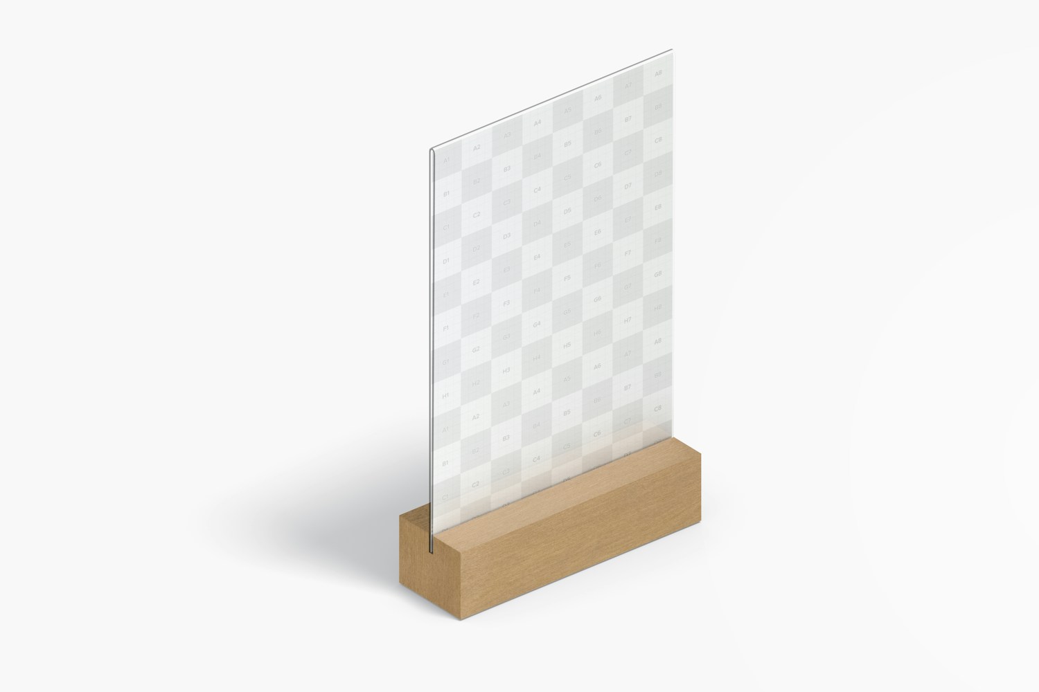 Acrylic Table Tent with Wood Base Mockup, Isometric Right View