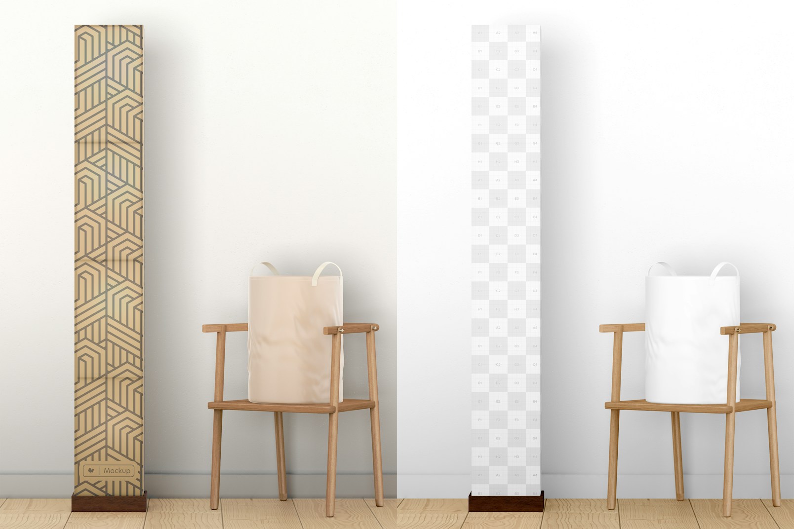 Paper Tower Lamp with Wooden Chair Mockup