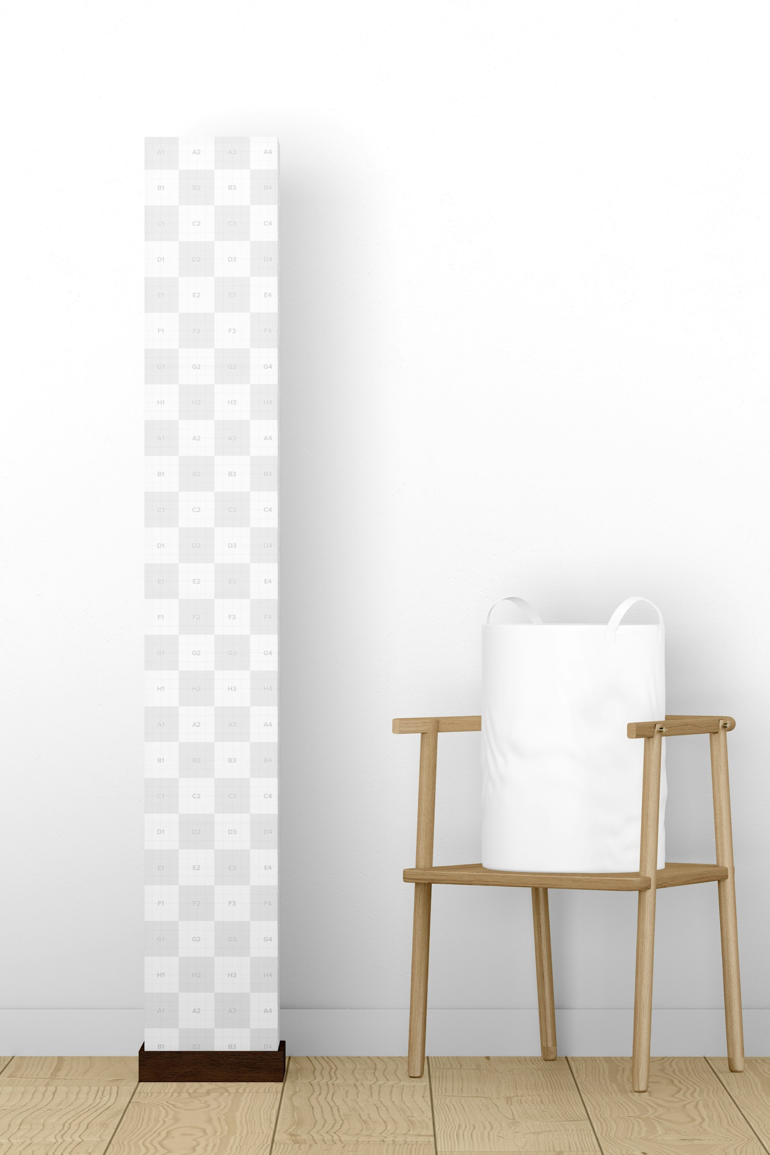 Paper Tower Lamp with Wooden Chair Mockup