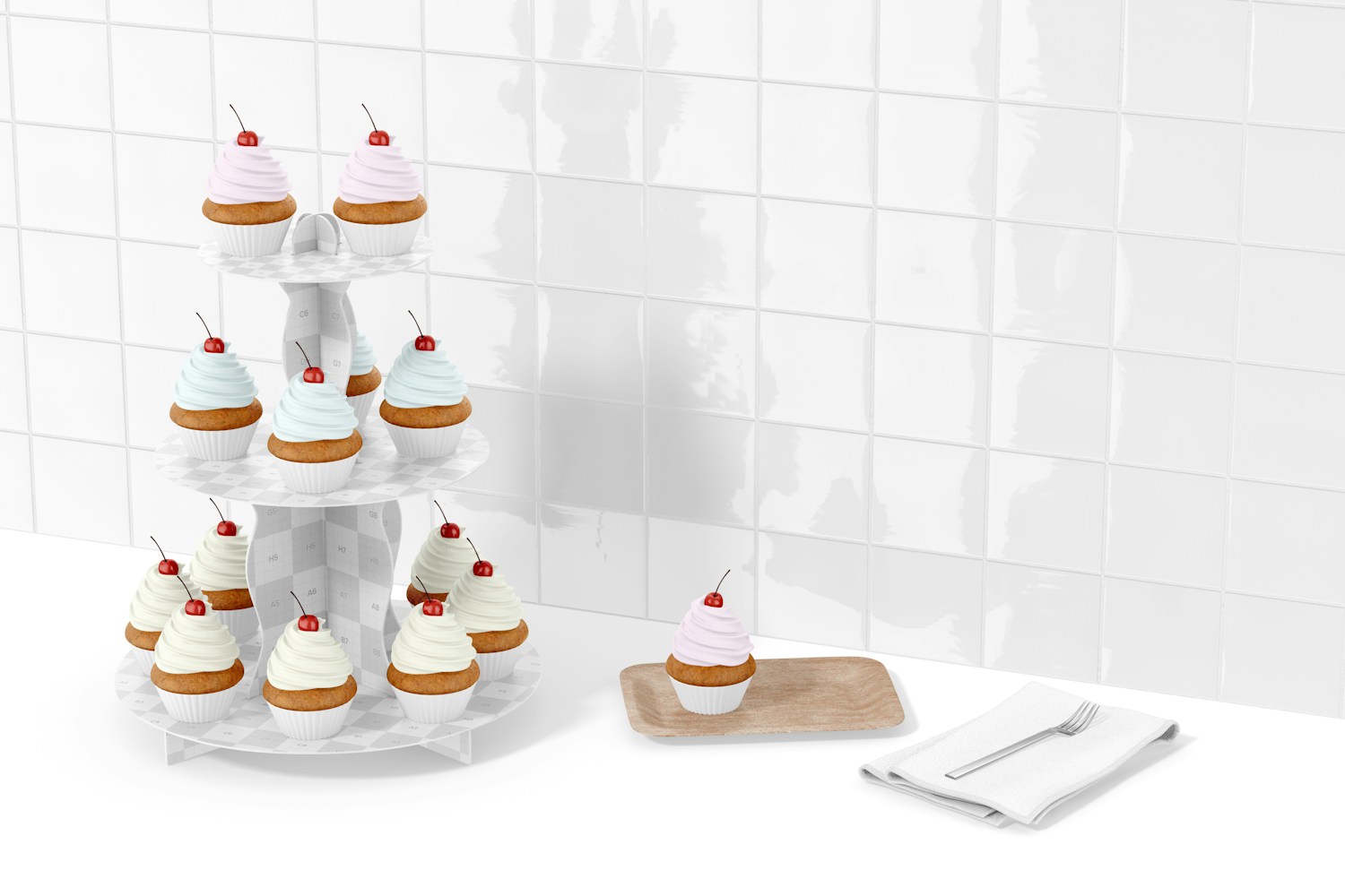 3-Tier Cardboard Cupcake Stand Mockup, Perspective