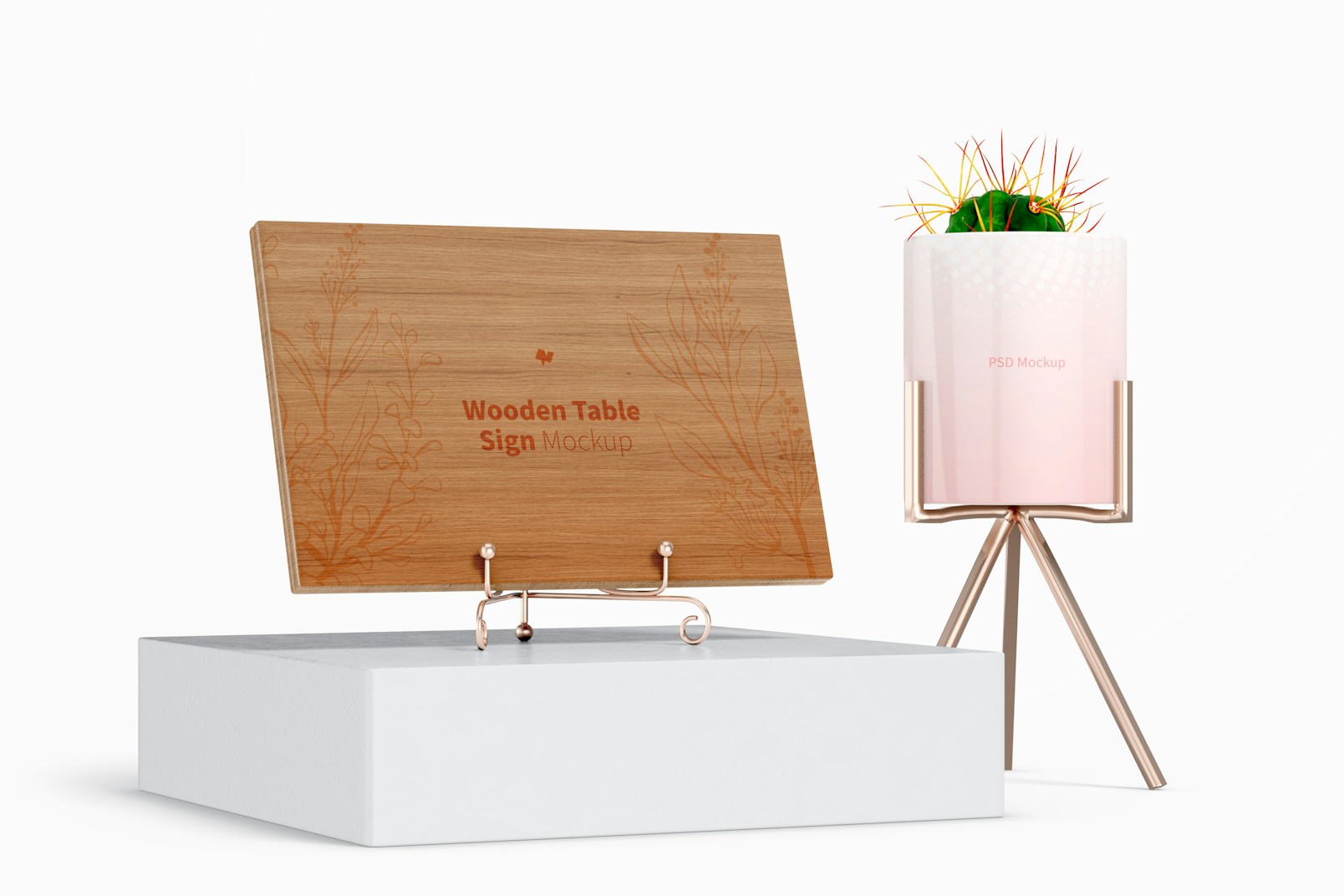 Wooden Table Sign with Plant Pot Mockup