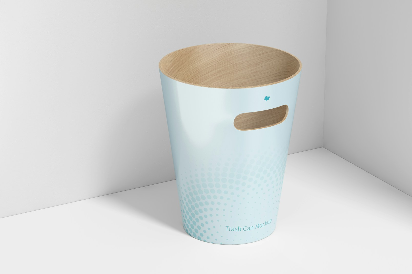 Wood Trash Can Mockup, Perspective View