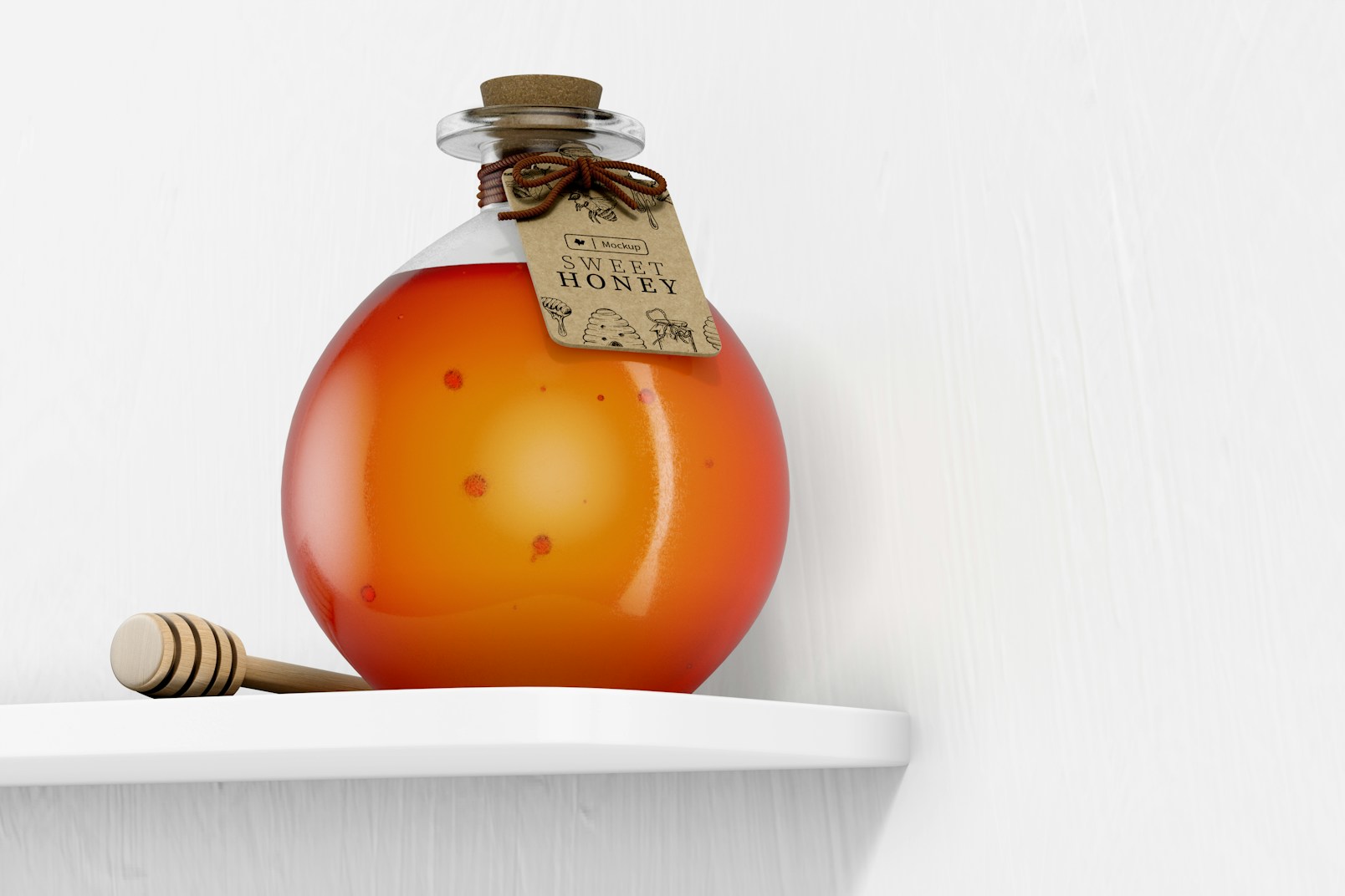 Round Honey Glass Bottle Mockup, Low Angle View