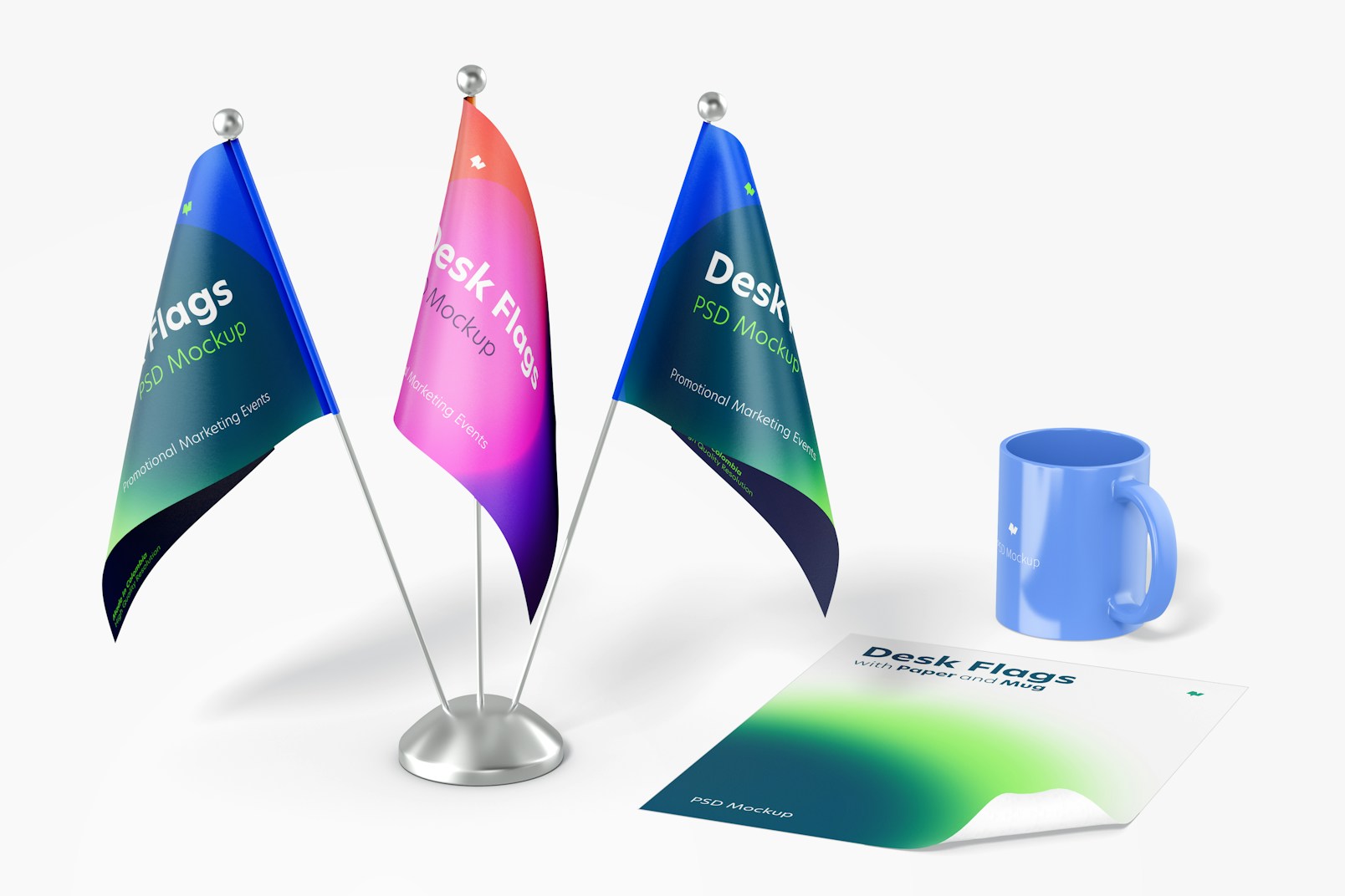 Desk Flags with Mug and Paper Mockup