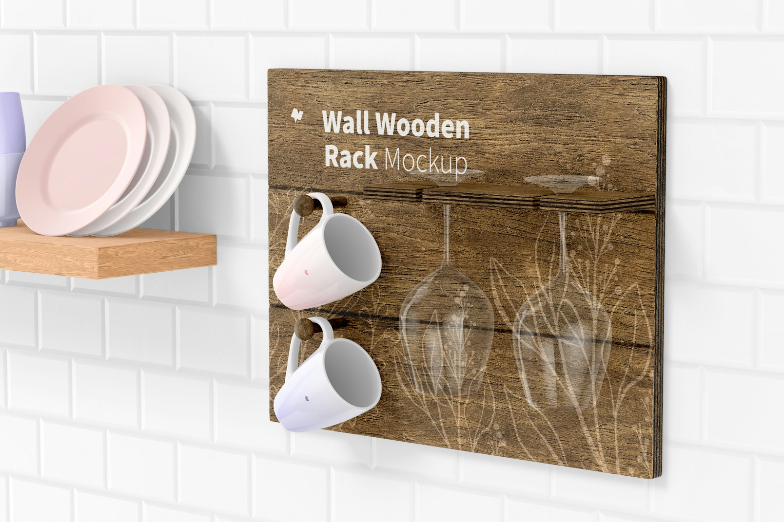 Wall Wooden Rack Mockup, Right View