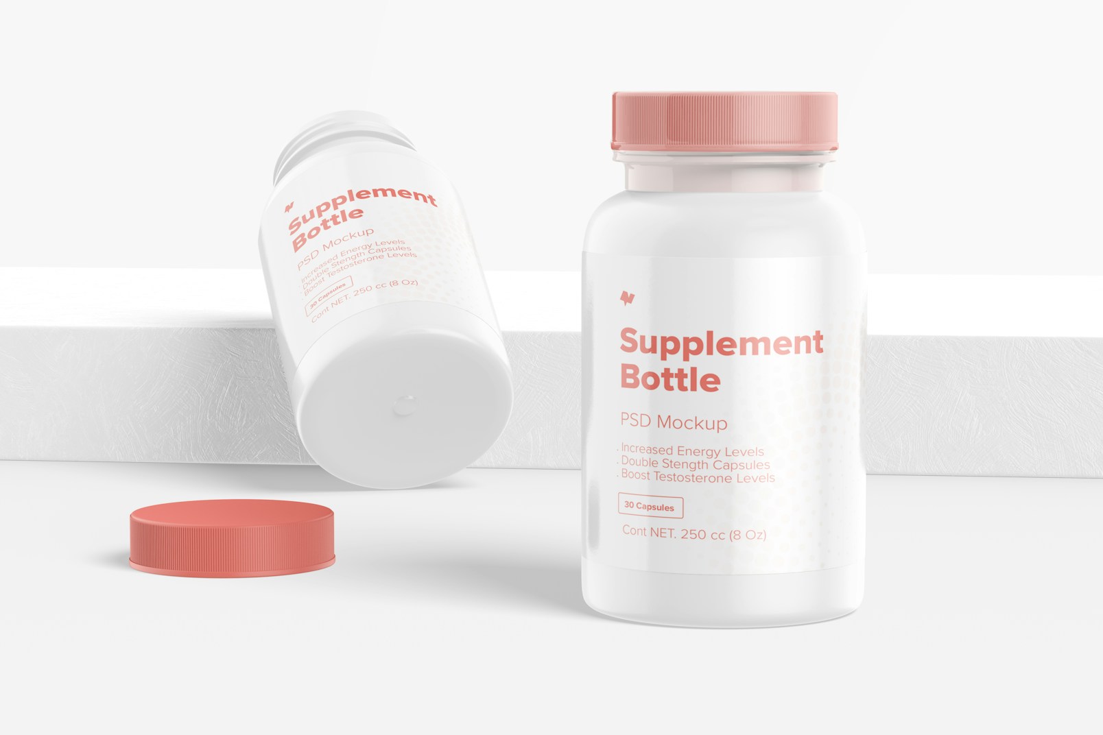 250 cc Supplement Bottle Mockup, Standing and Leaned