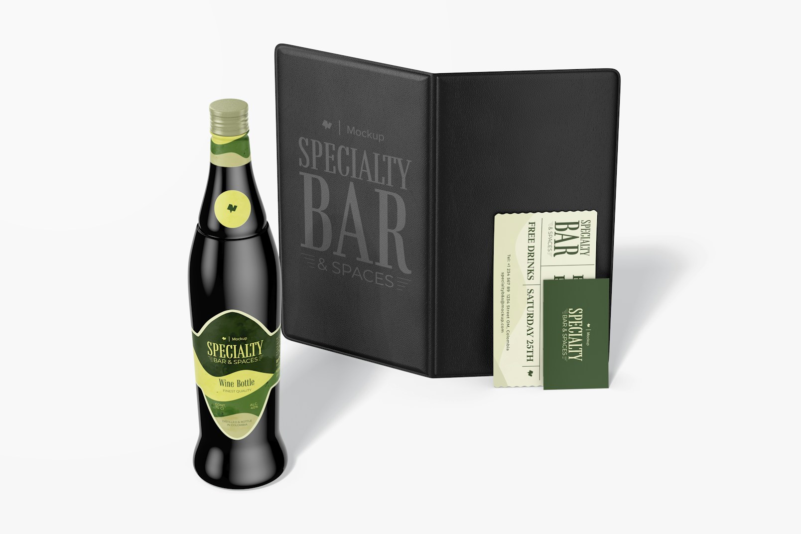 Wine Bottle with Stationery Mockup, Standing
