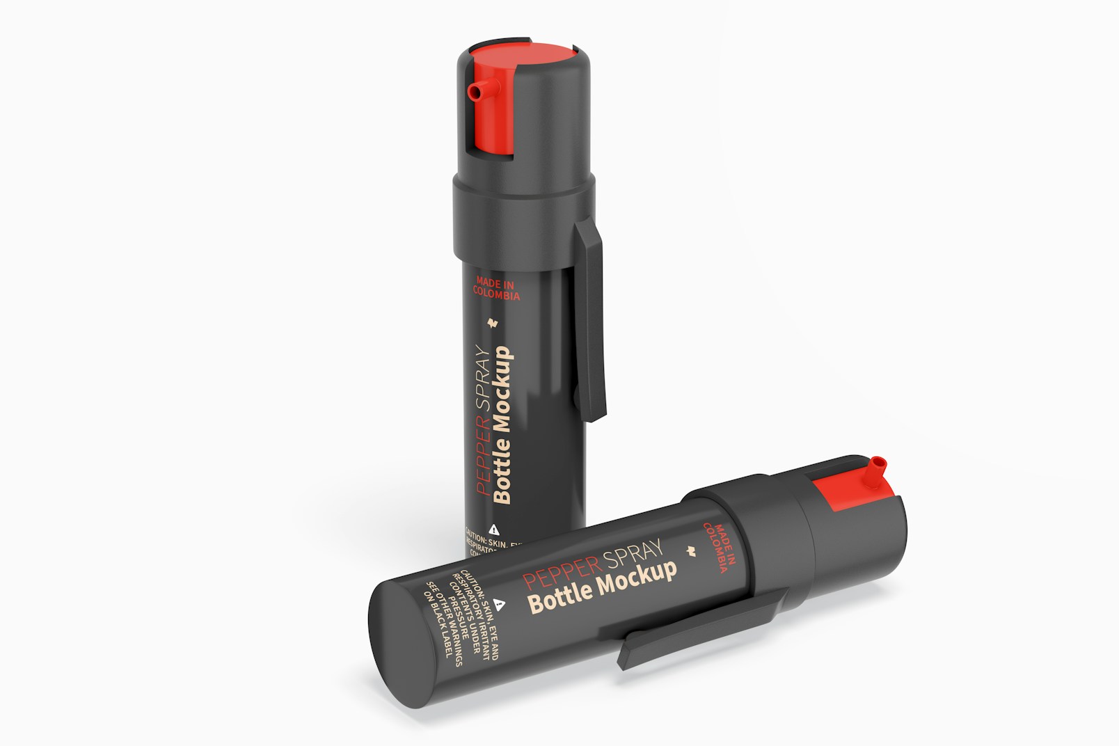 Pepper Spray Bottles Mockup, Standing and Dropped
