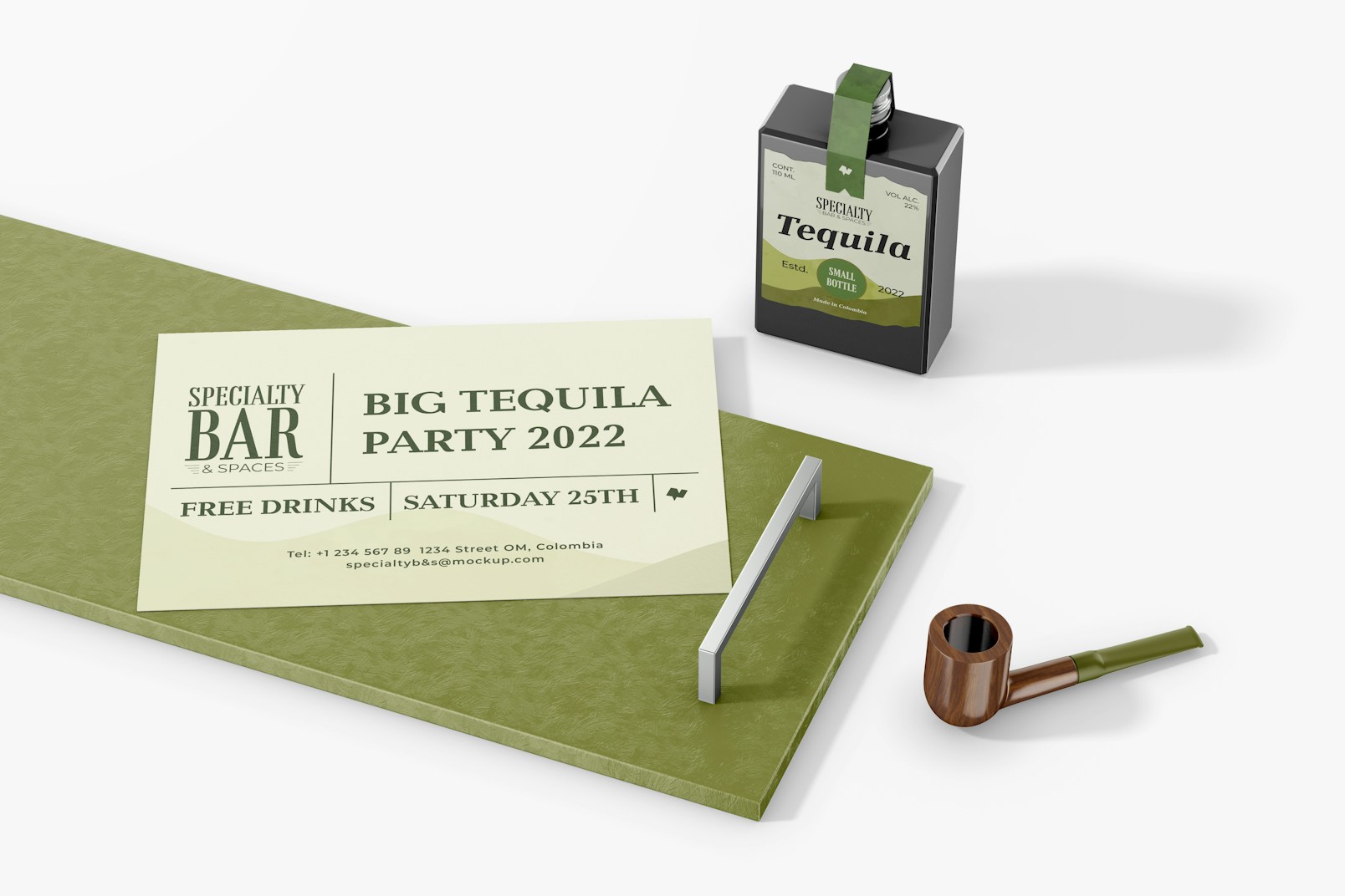 Small Tequila Bottle with Stationery Mockup, with Pipe