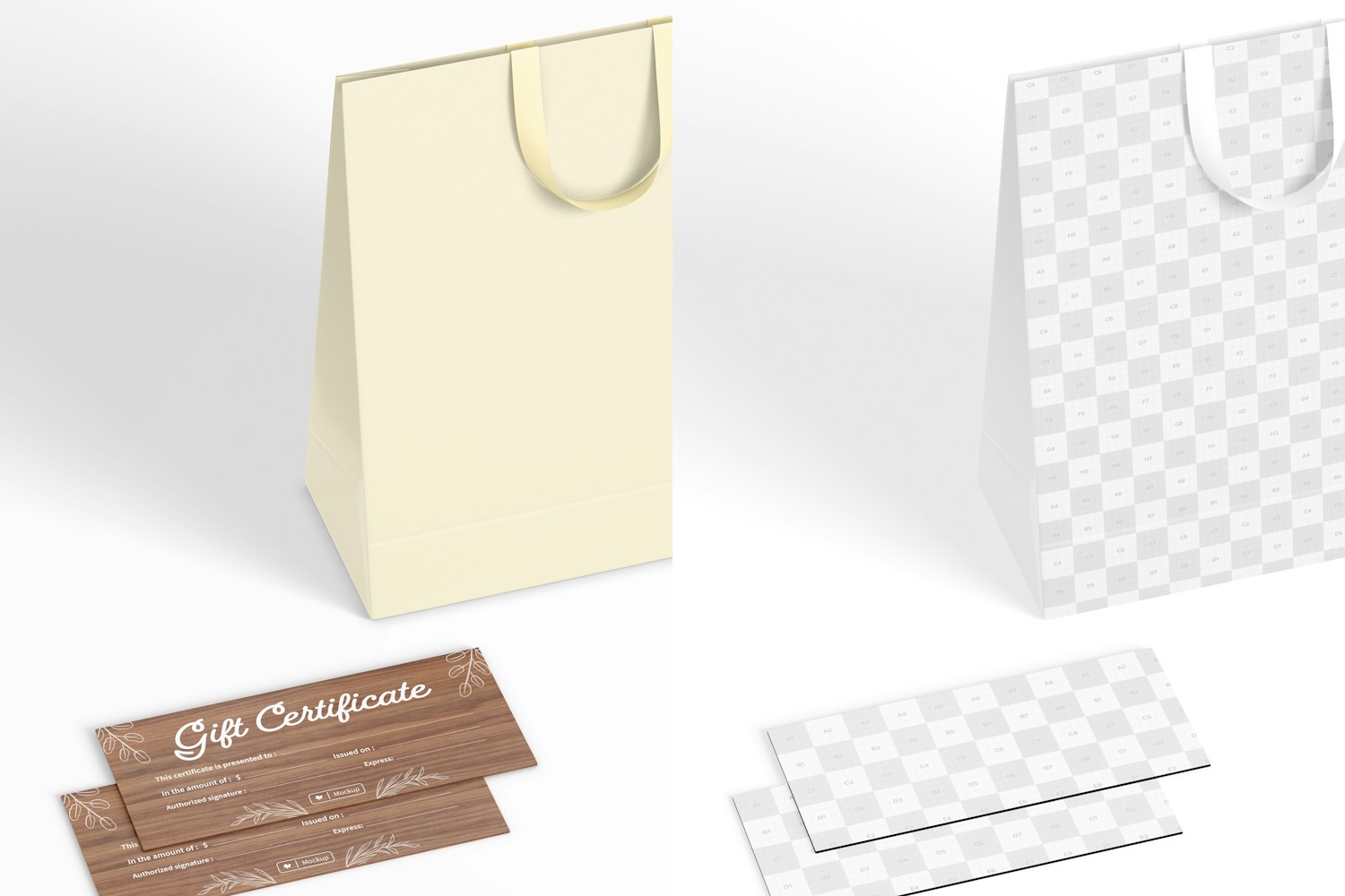 Rustic Gift Certificates with Bag Mockup, Perspective