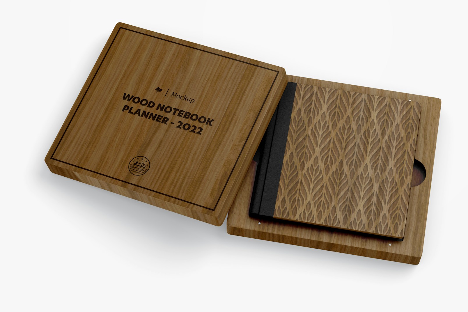 Wood Case for Notebook Mockup, Opened