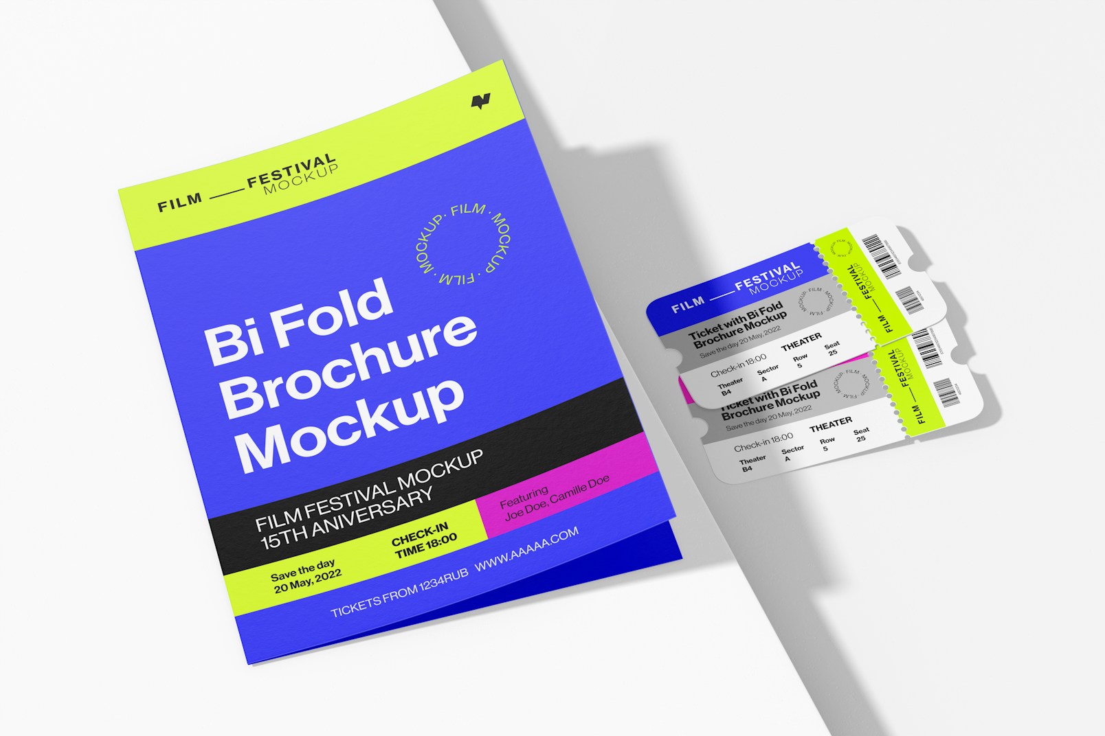 Ticket with Bi Fold Brochure Mockup, on Podium