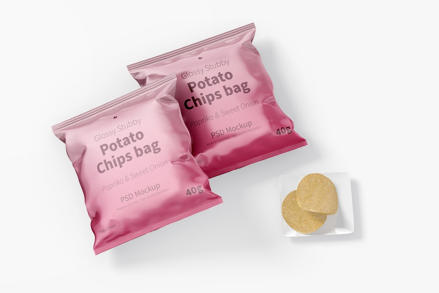 Glossy Stubby Chips Bag Mockup, Top View