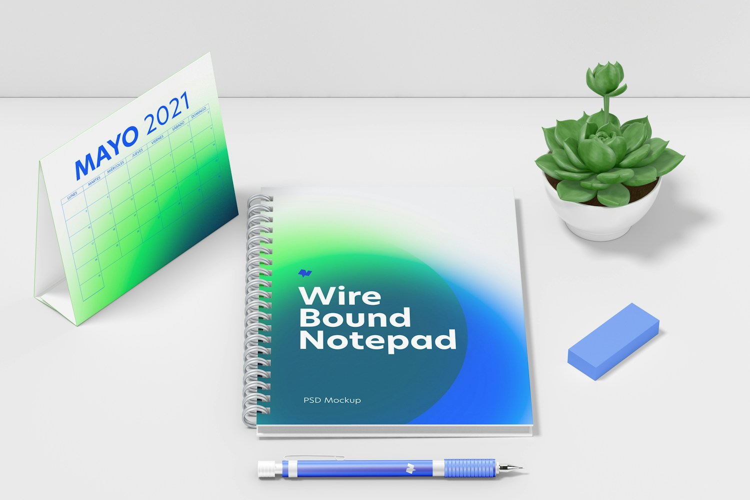 Wire Bound Notepad Scene Mockup, Top View