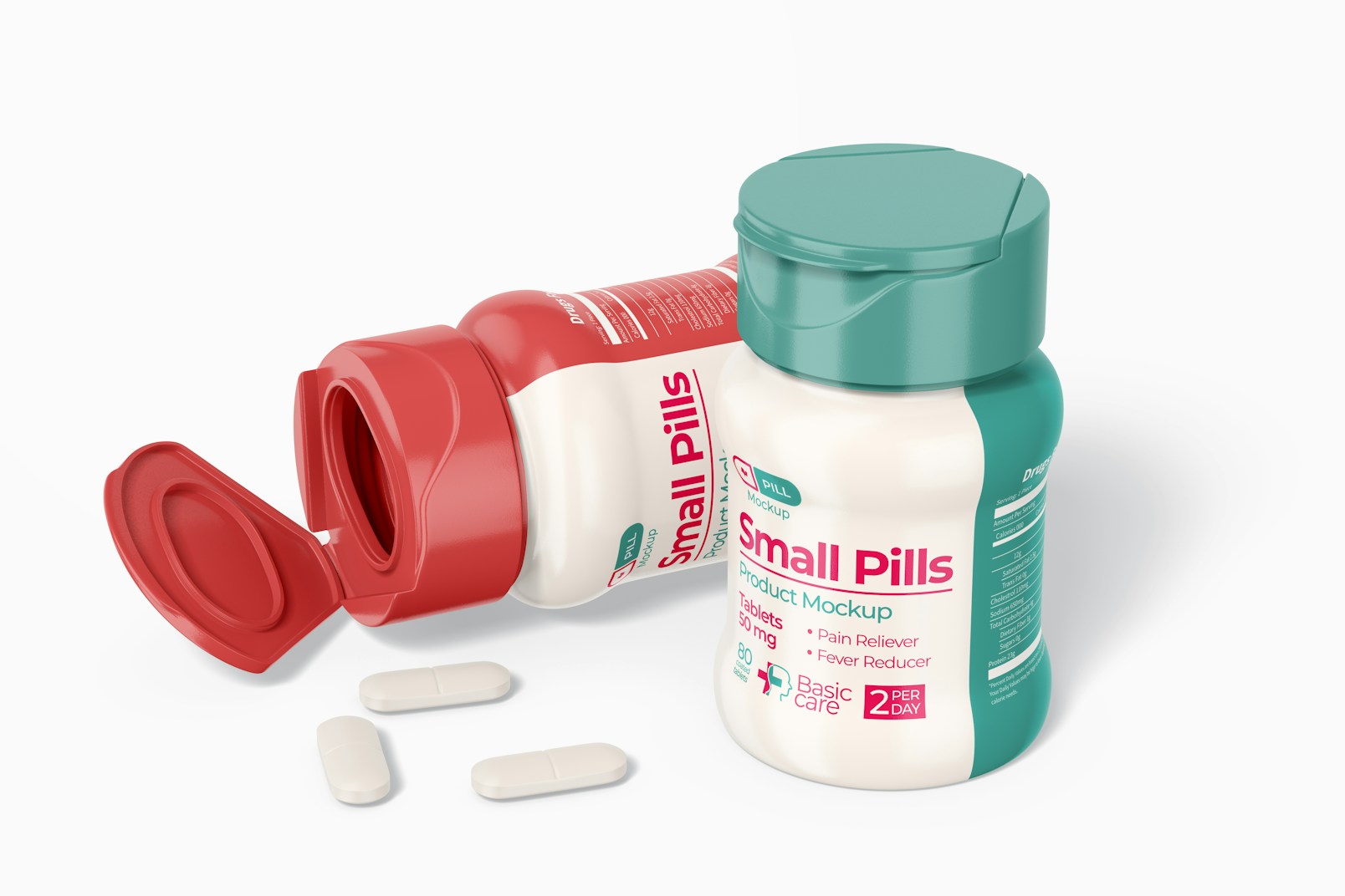 Small Pills Bottle Mockup, Opened and Closed