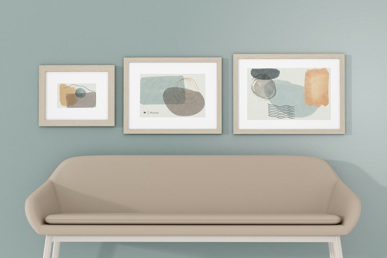 3 Gallery Frames with Sofa Mockup, Front View