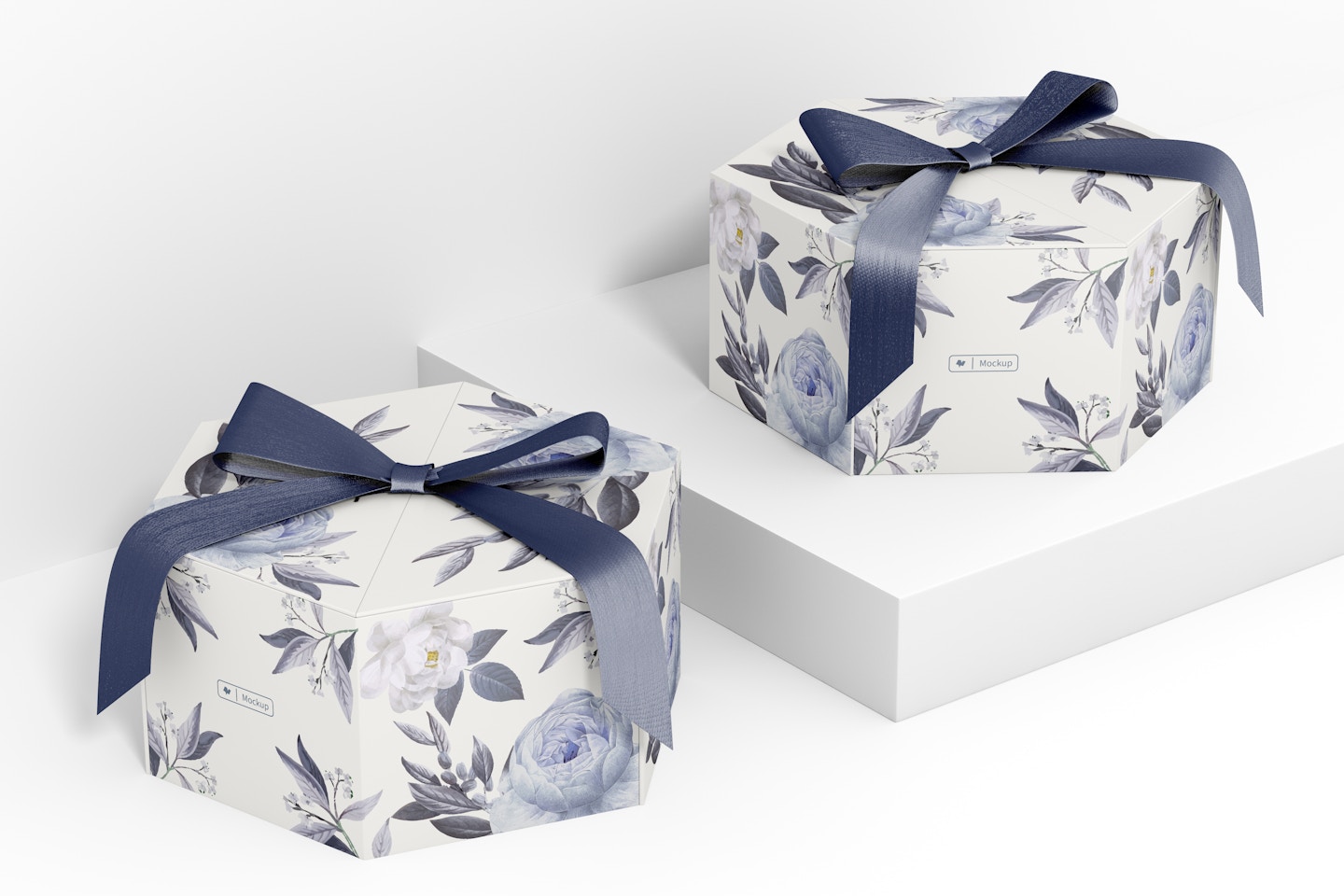 Hexagon Gift Boxes with Ribbon Mockup, Closed