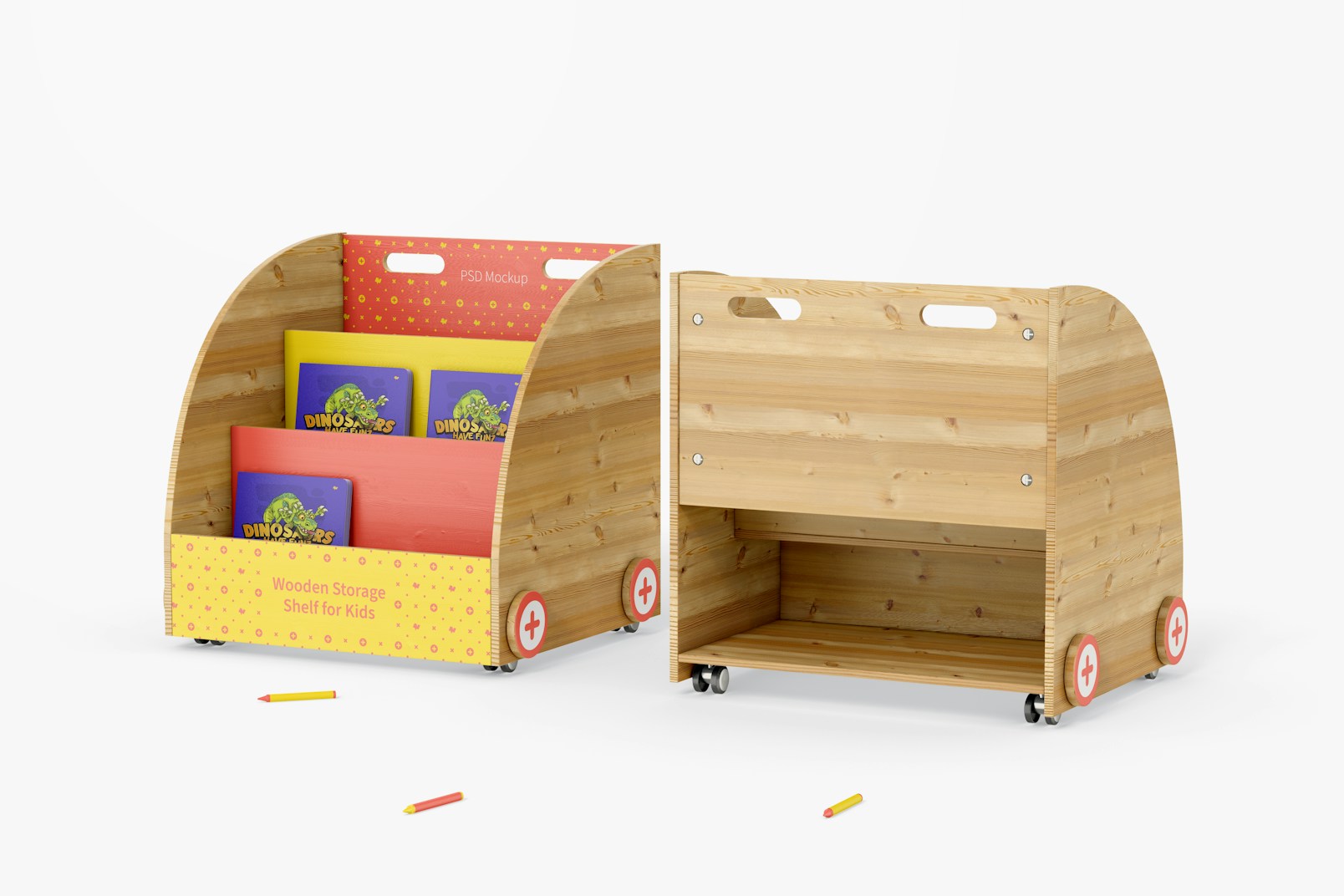 Wooden Storage Shelves for Kids Mockup, Front and Back View