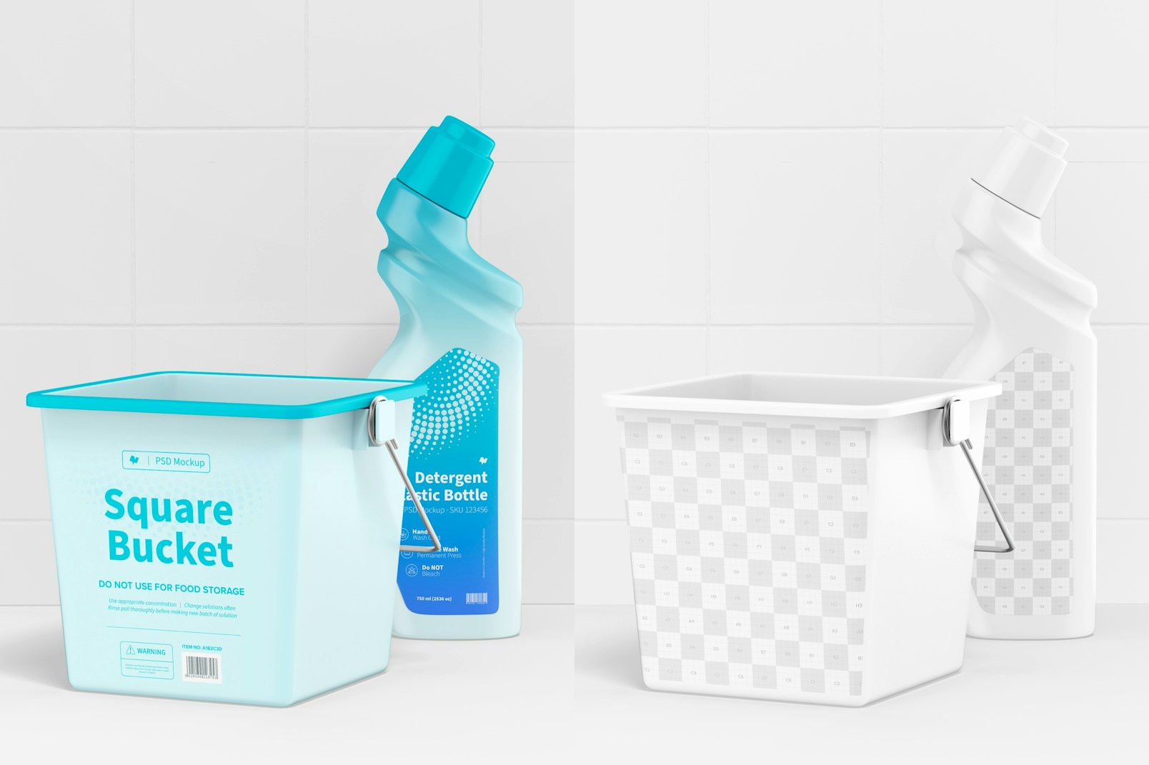 Square Bucket with Cleaner Bottle Mockup