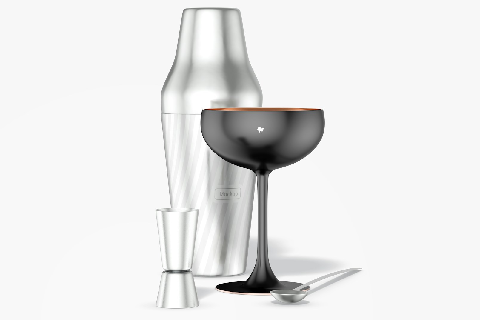 Metal Coupe Cocktail Glass Mockup, with Shaker