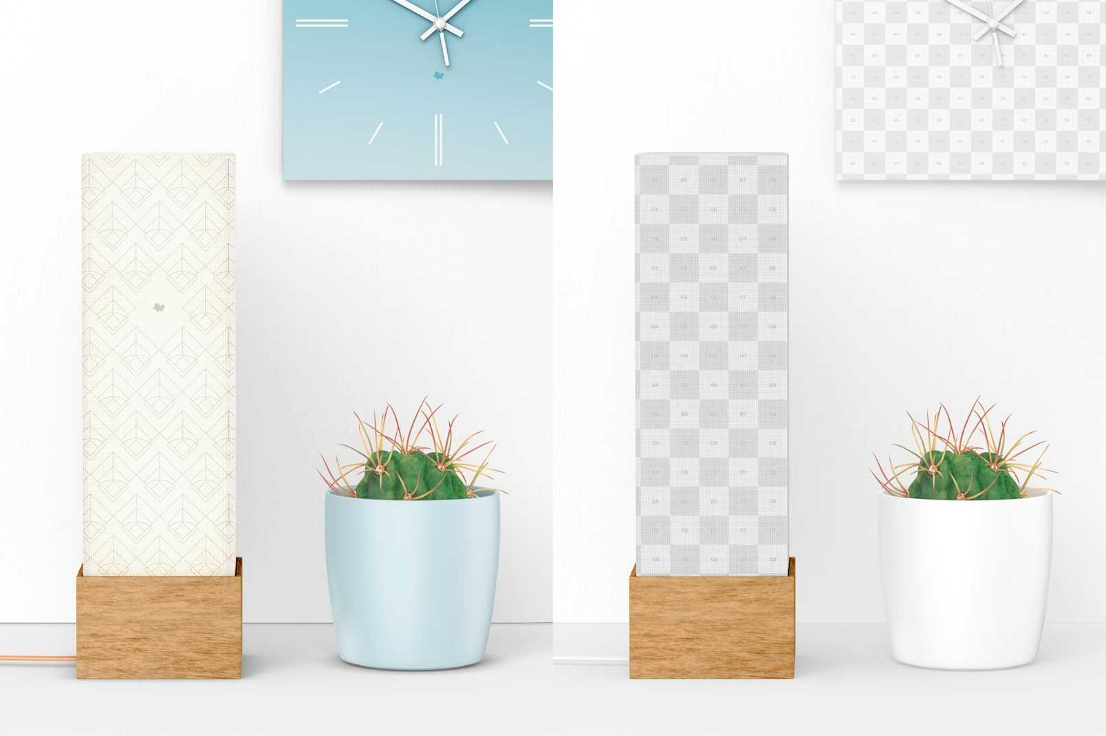 Square Wood Table Lamp with Plant Pot Mockup