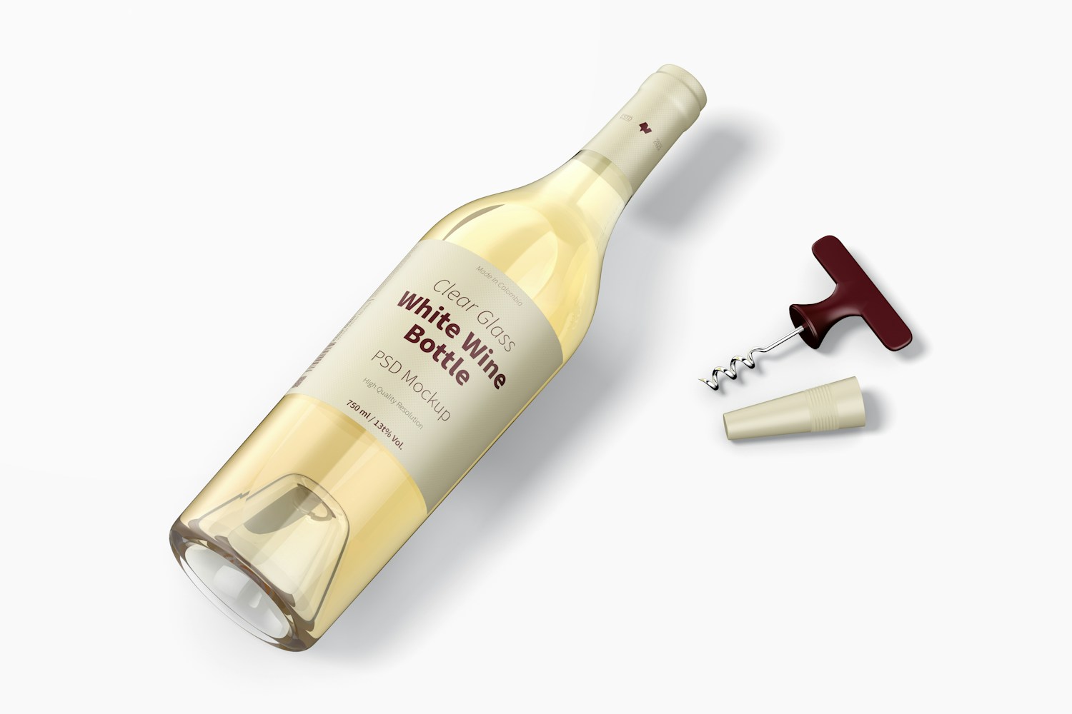 Clear Glass White Wine Bottle Mockup, Top View