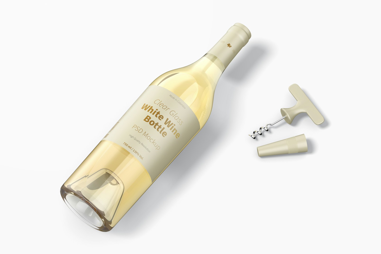 Clear Glass White Wine Bottle Mockup, Top View