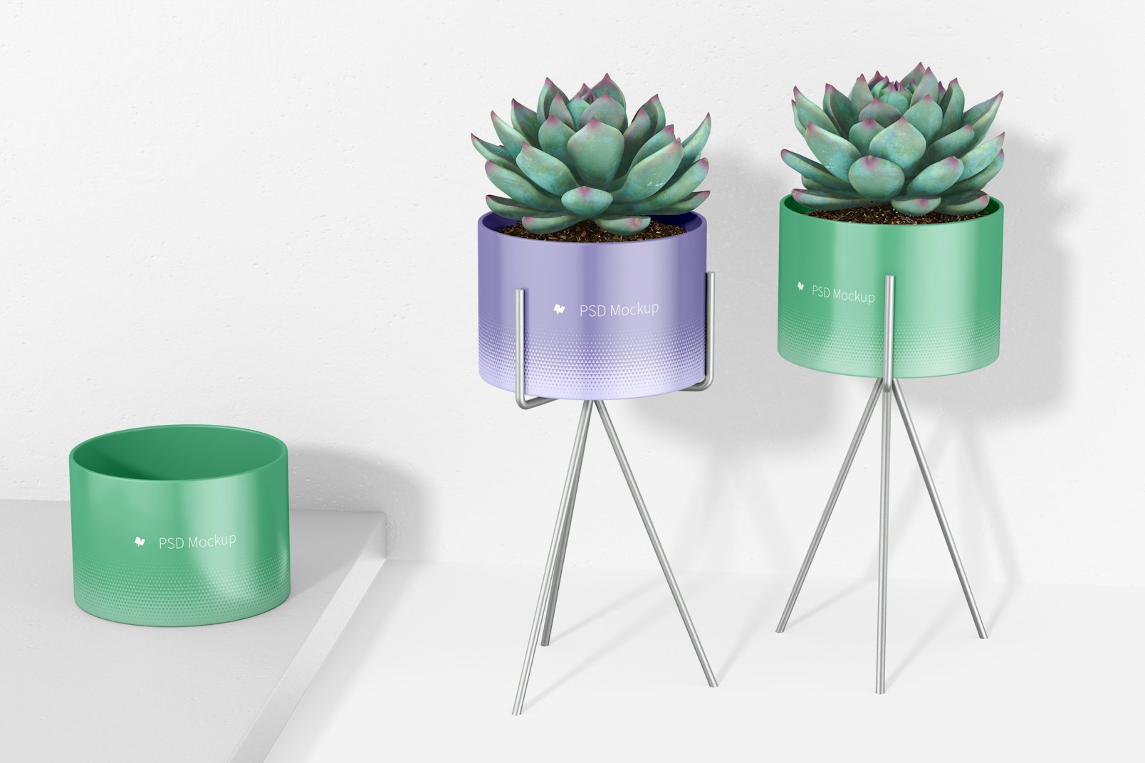 Small Flower Pots with Metal Stands Mockup, Perspective