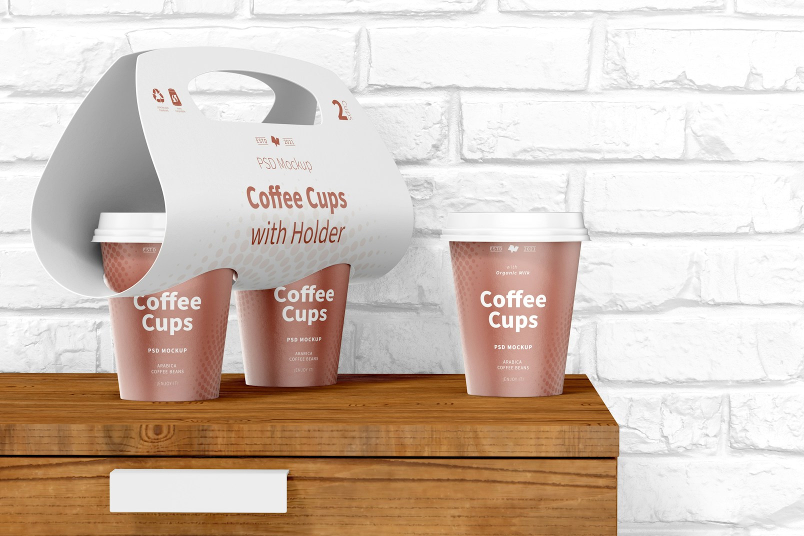 Coffee Cups with Holder Mockup, Close Up