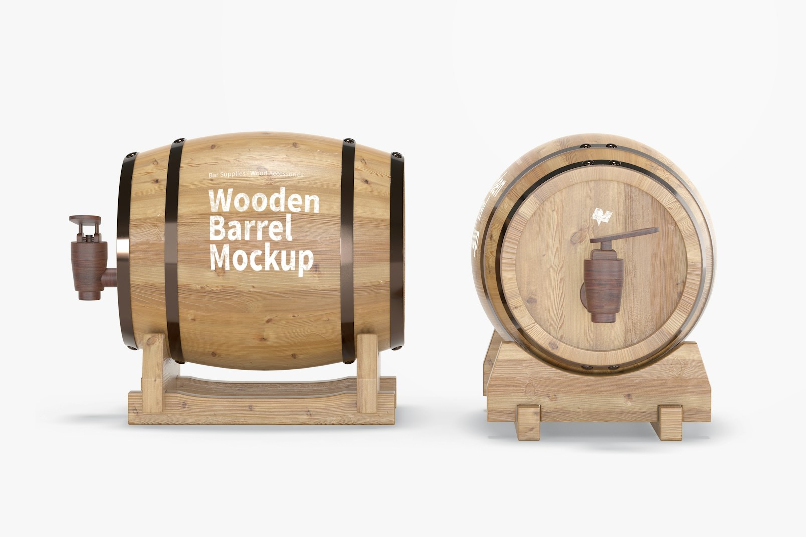 Wooden Barrels on Stand Mockup