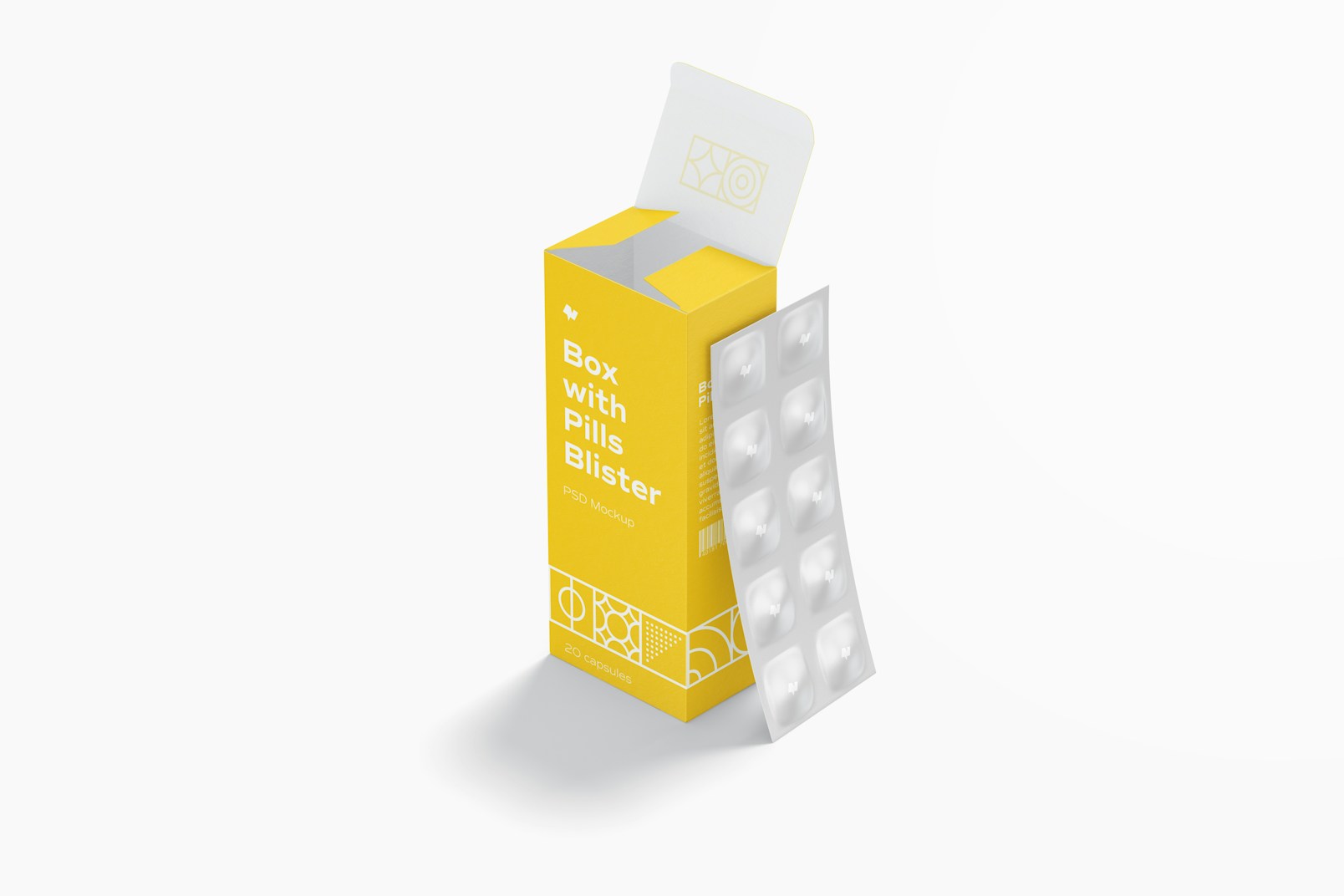 Box with Pills Blister Mockup, Side View