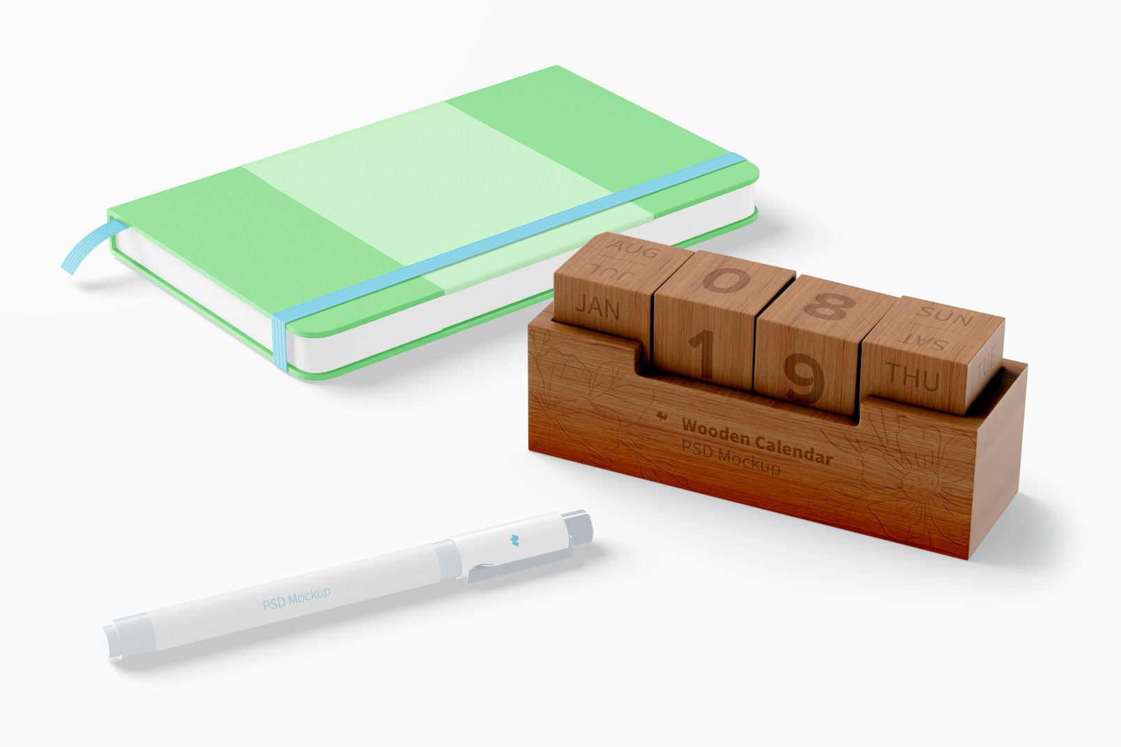 Wooden Calendar with Notebook Mockup