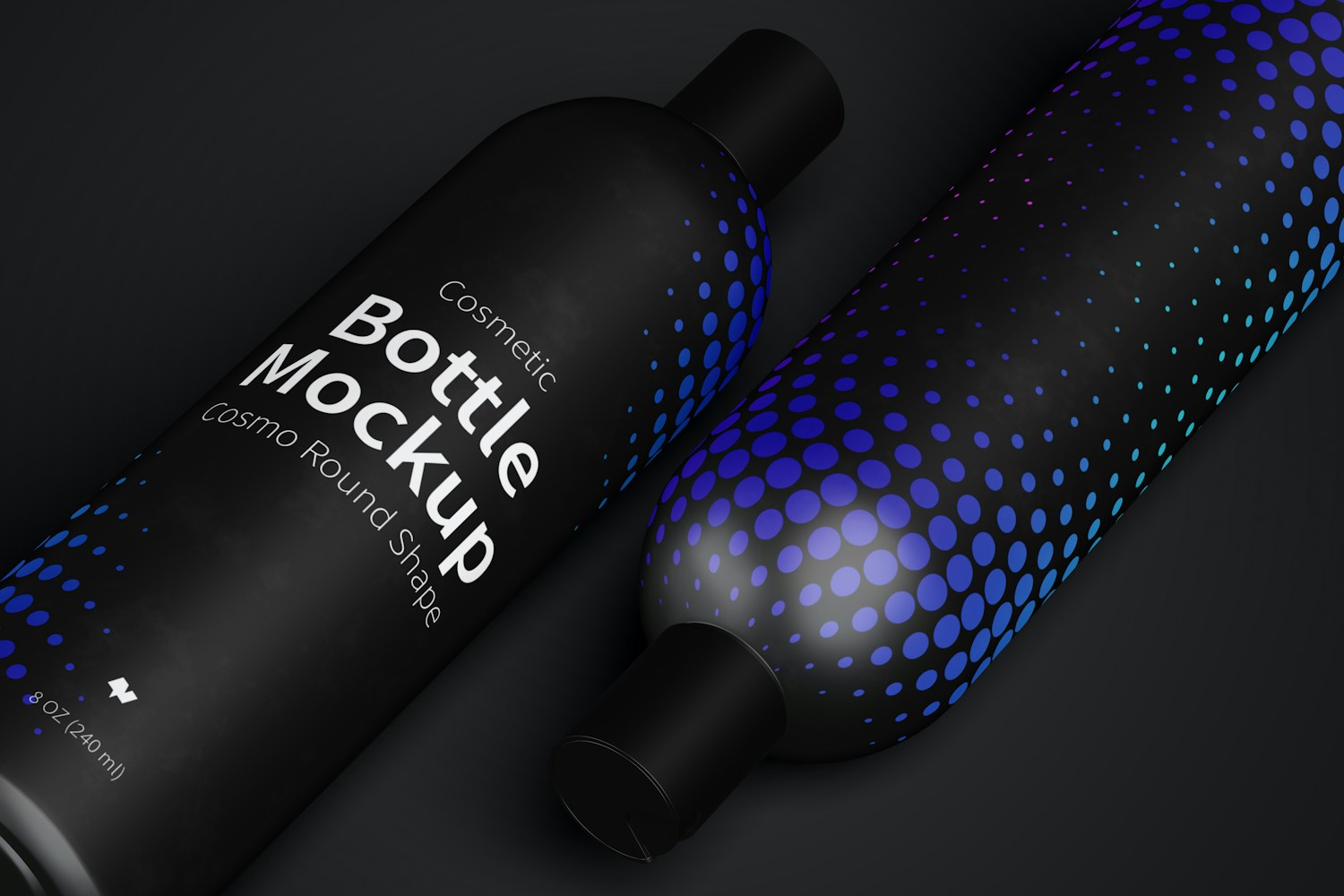 8 oz / 240 ml Cosmo Round Shape Cosmetic Bottles Mockup with Disc Cap, Close-up