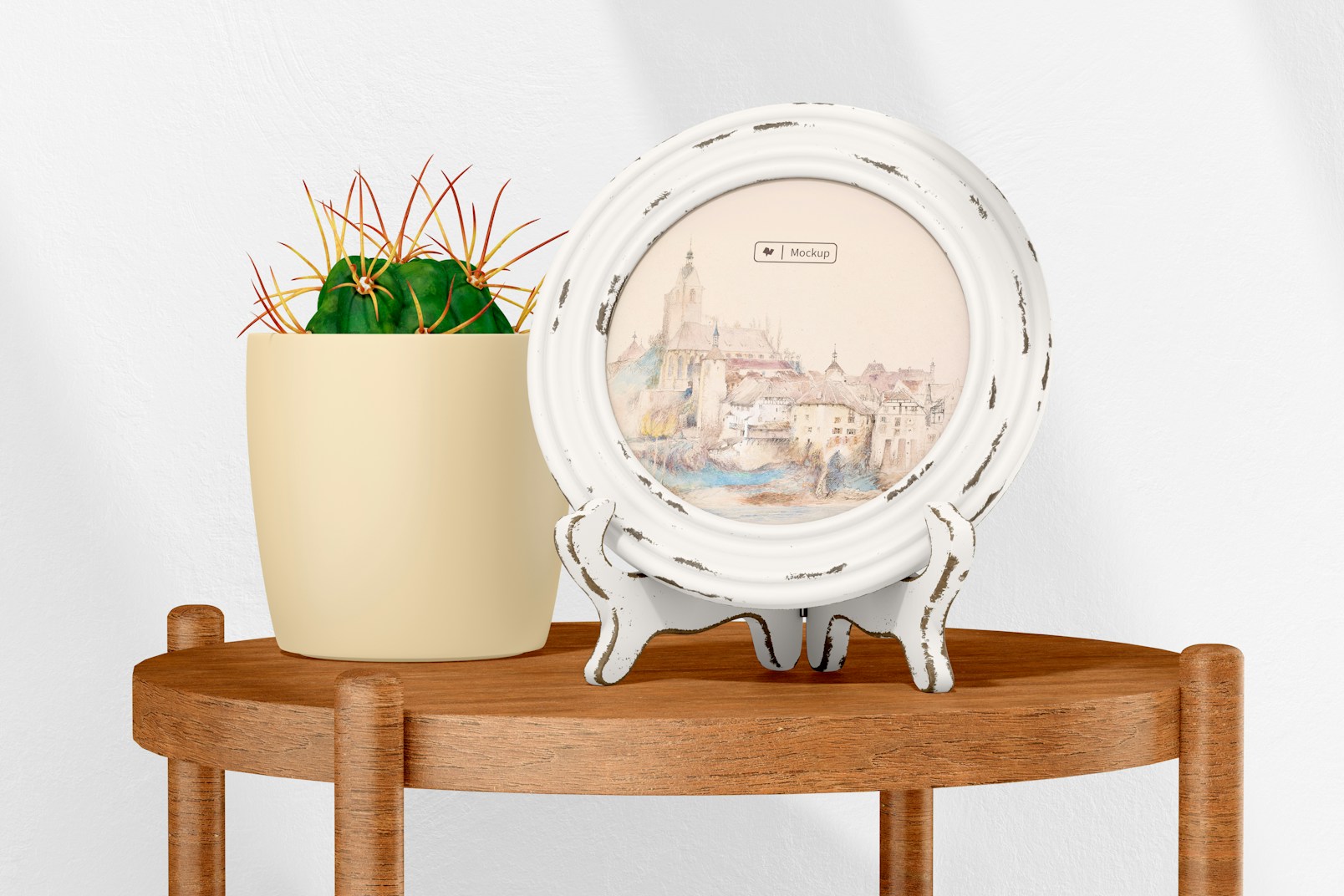 Distressed Photo Frame Mockup, with Plant Pot