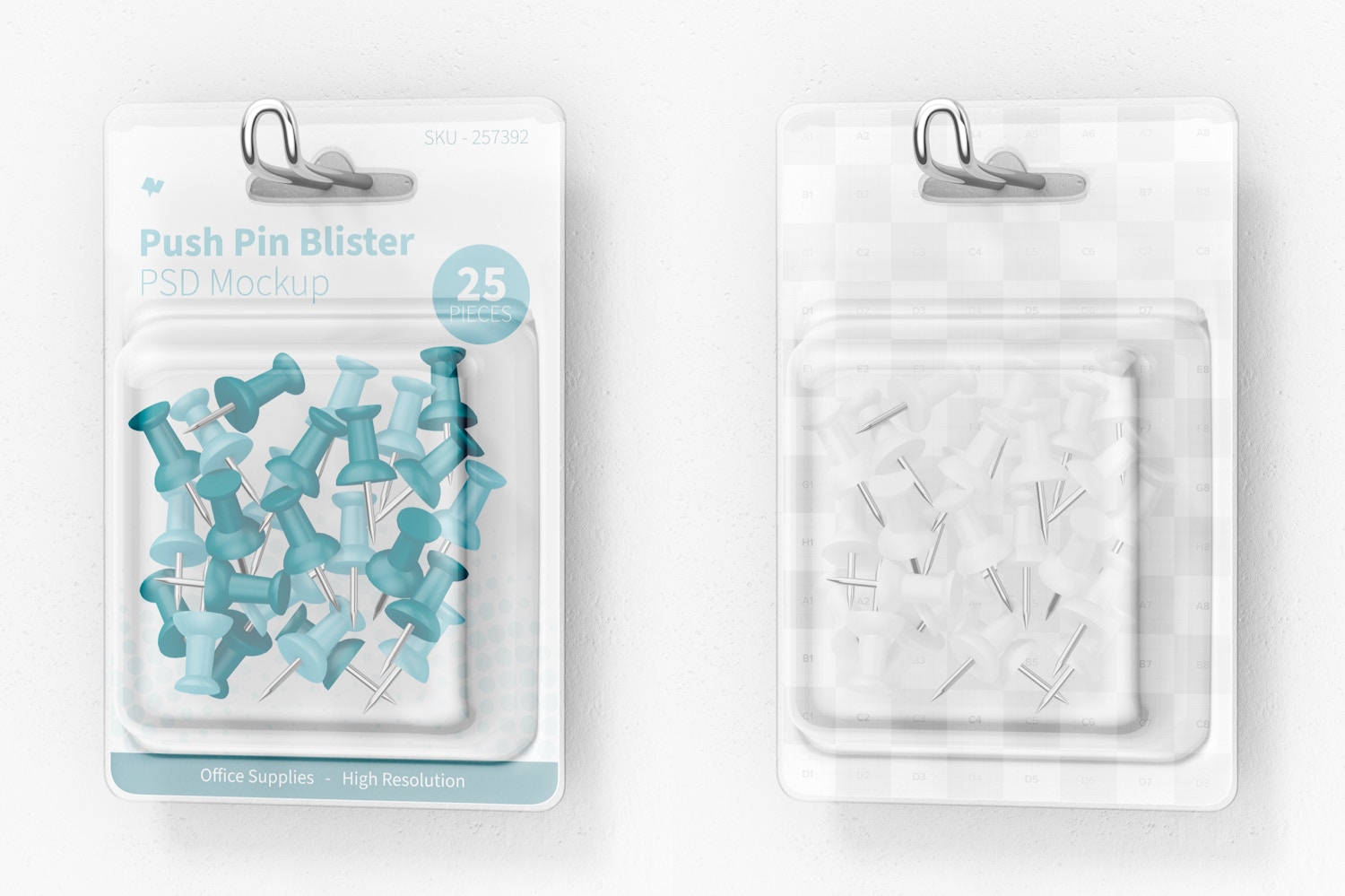 Push Pin Blister Mockup, Hanging on Wall Push Pin Blister Mockup, Hanging on Wall