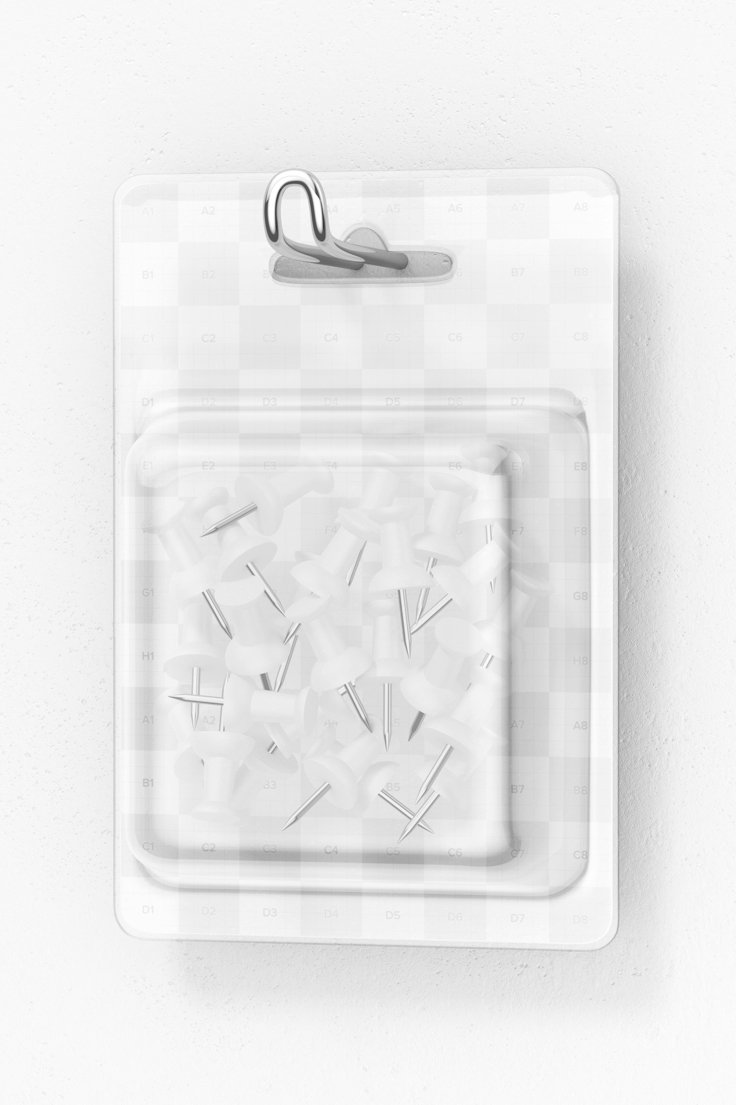 Push Pin Blister Mockup, Hanging on Wall Push Pin Blister Mockup, Hanging on Wall