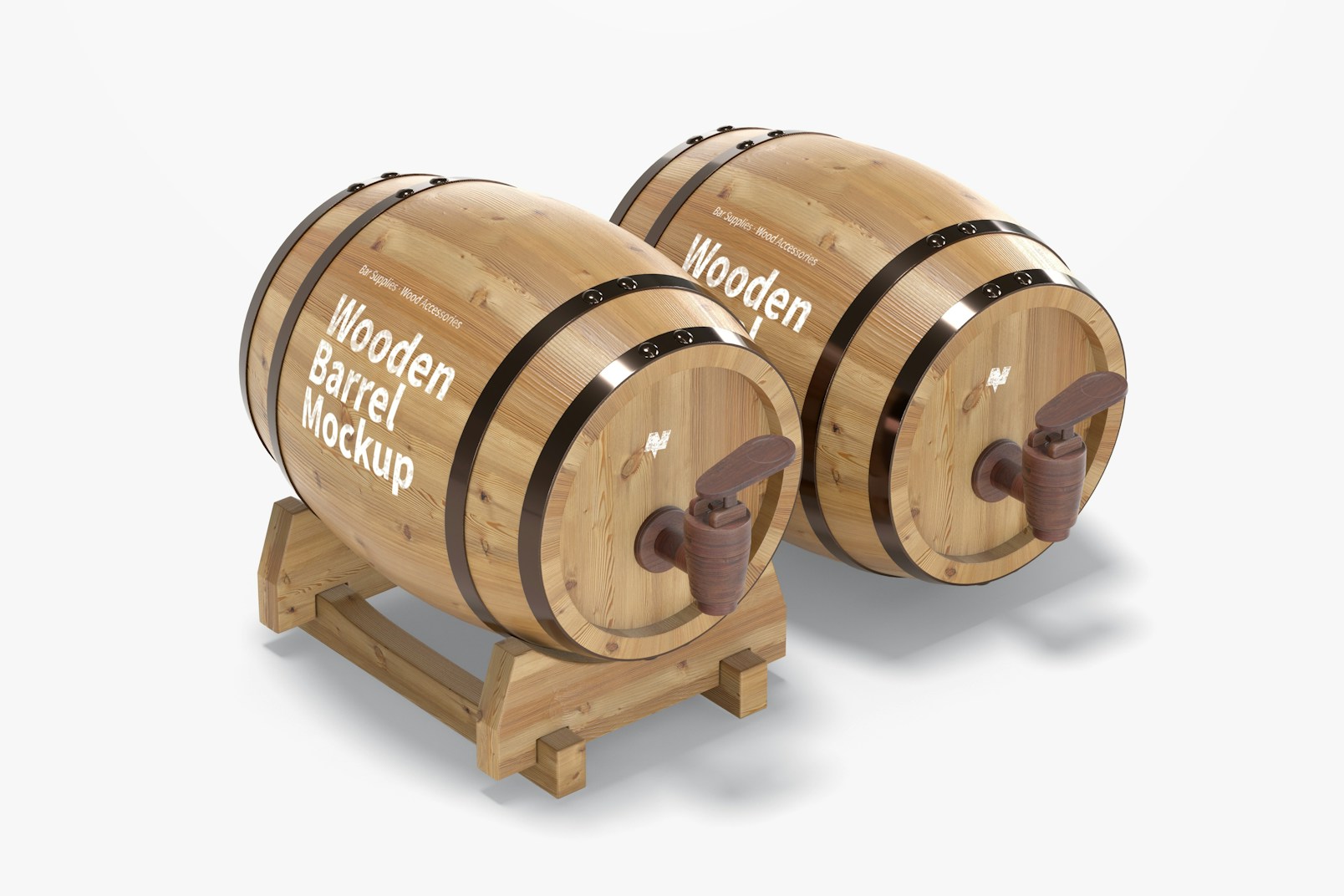 Wooden Barrels on Stand Mockup, Right View